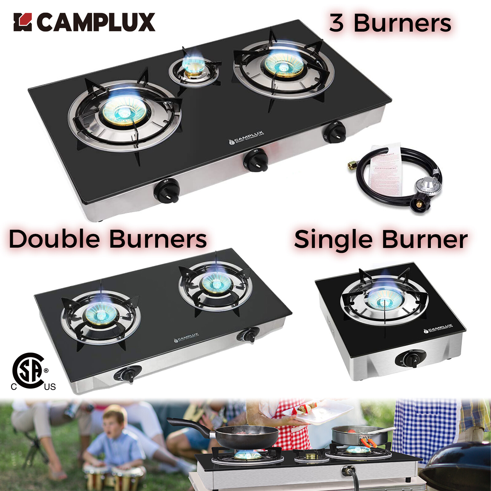 Camplux Portable Gas Cooktop 3 Burners Propane LPG Camping Stove Stand Outdoor