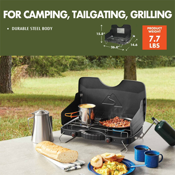 Ozark Trail 2-Burner Propane Gas Camping Stove Black Outdoor Cooktop 20000 BTU