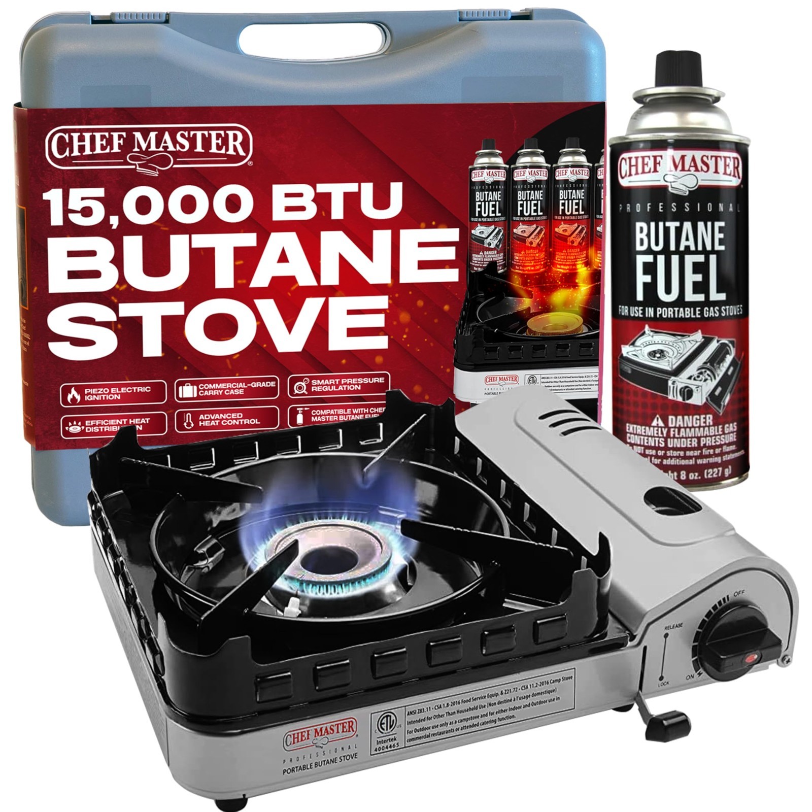 15,000 BTU Butane Portable Camp Stove | Double Wind-Guard Burner for Camping, Hi