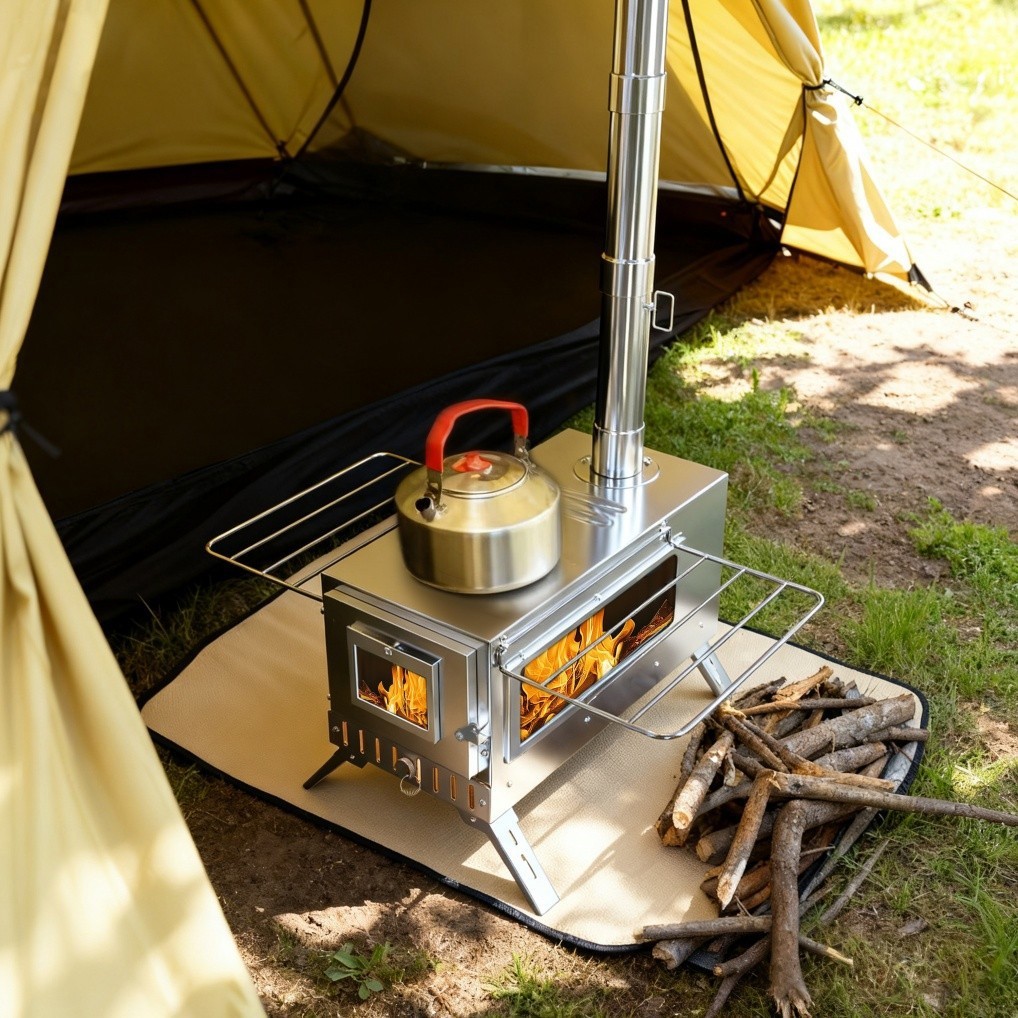 Portable Wood Burning Stove with 6 Stainless Chimney Pipes for Outdoor Hot Tent