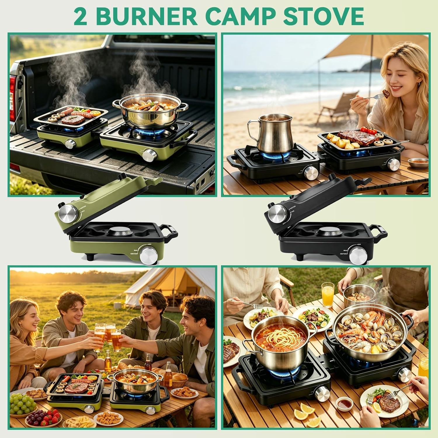 2 Burner Portable Camp Stove 24000 BTU Propane Camping Stove W/ Windshield