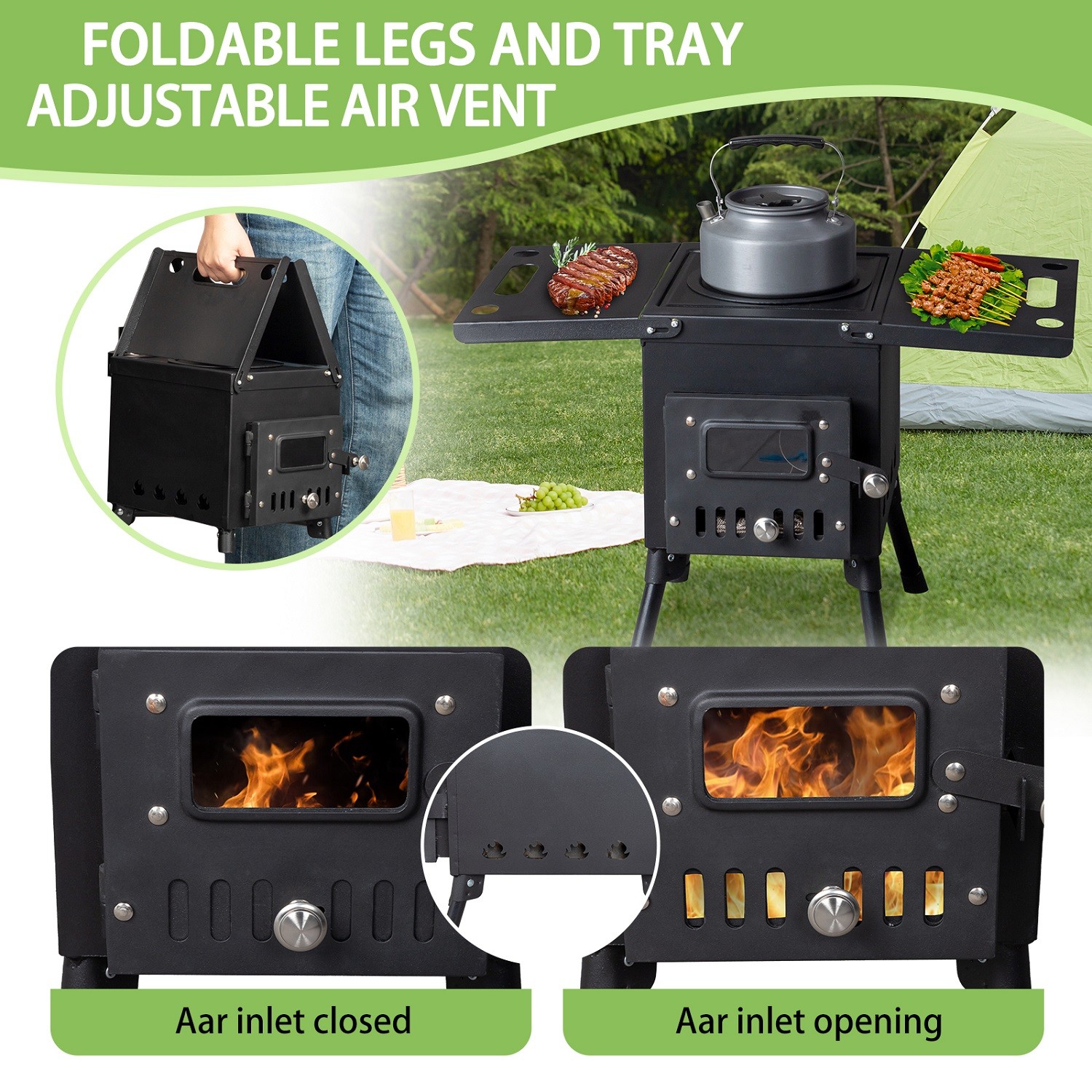 Camping Wood Stove Stainless Steel Camping Tent Stove Burning Stove with 3 Pipes