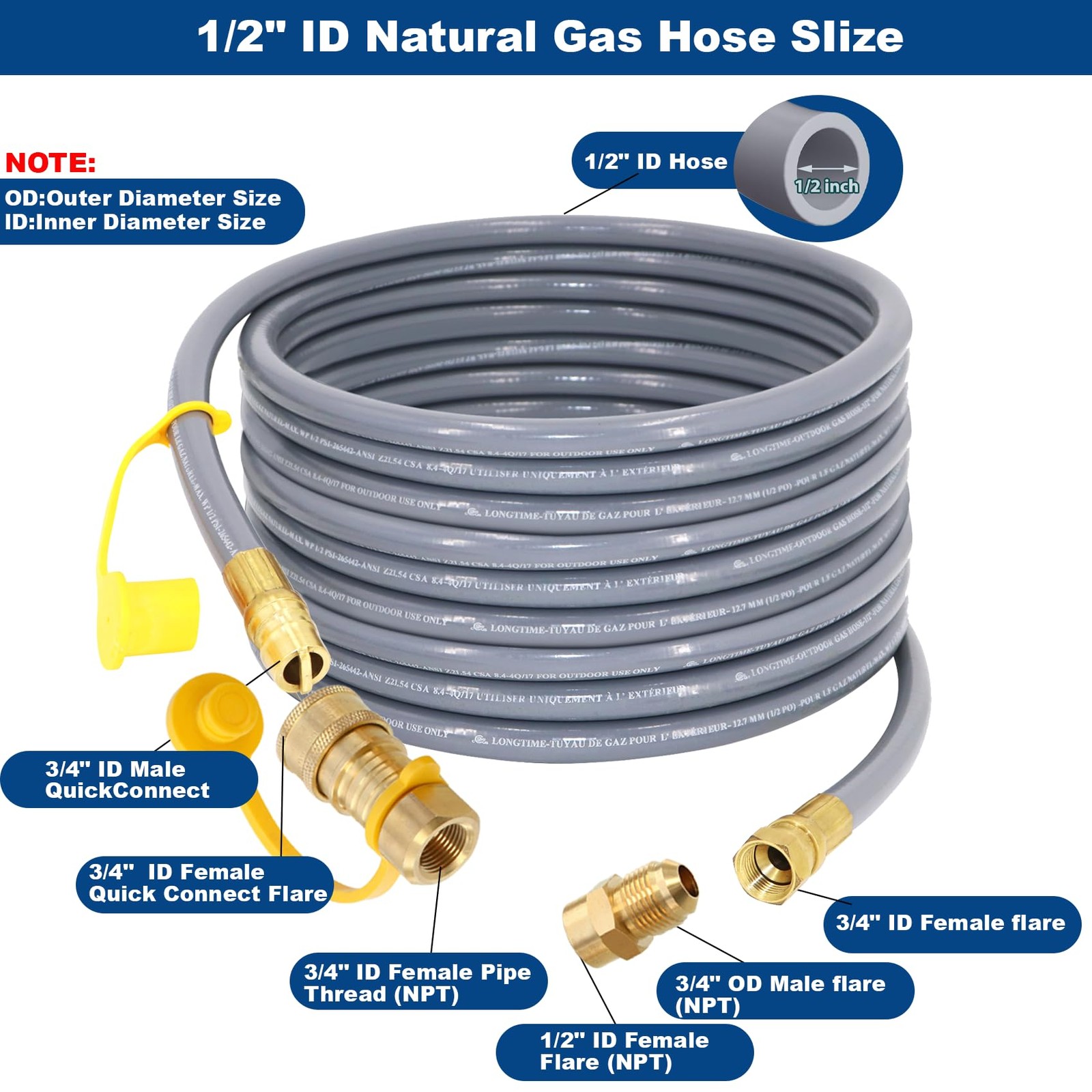 36 Feet 1/2-Inch ID Natural Gas Hose with Quick Connect Fitting 36FT, Gray
