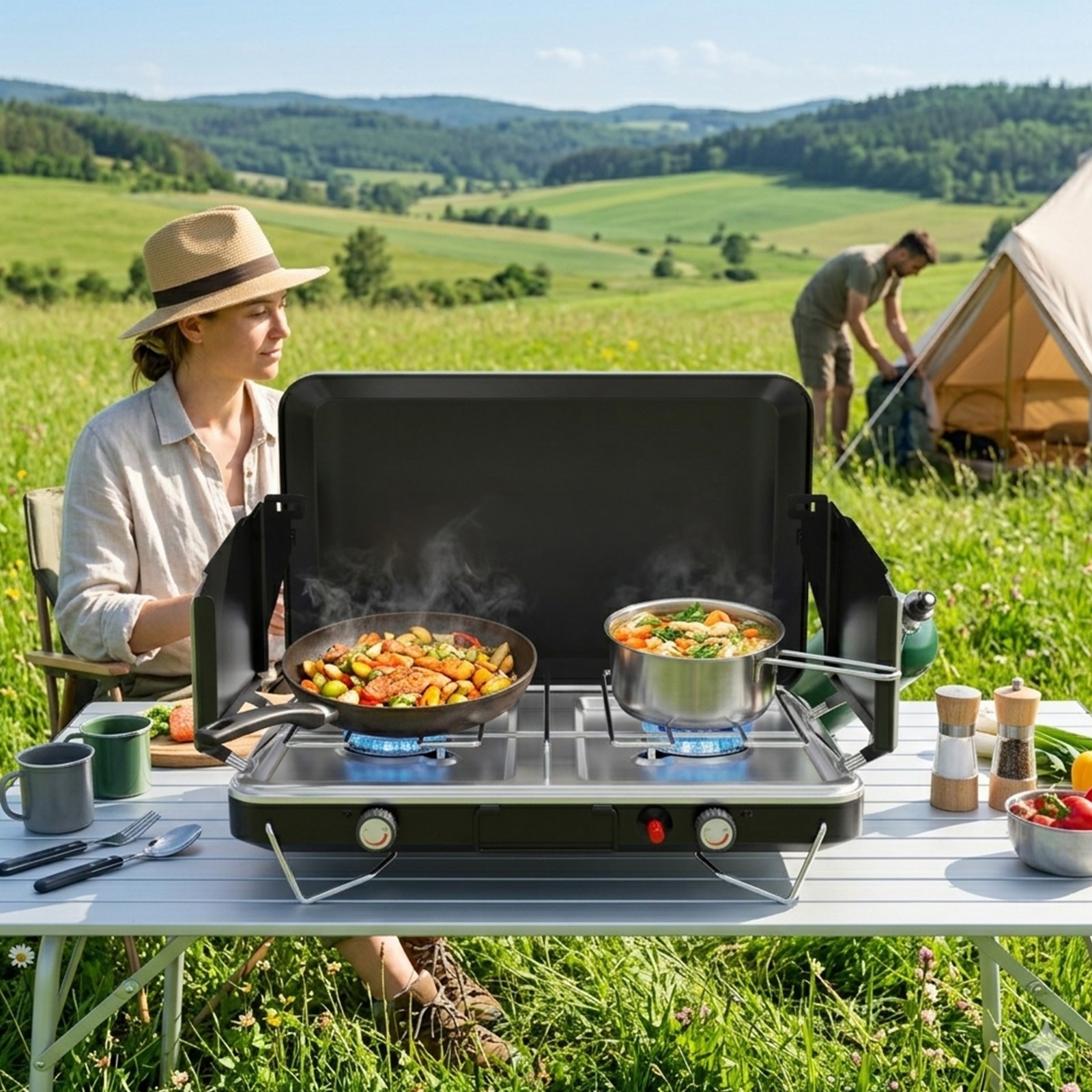 2/3 Burner Portable Camping Stove w/ Handle, Foldable Wind Panel for Camp Grill