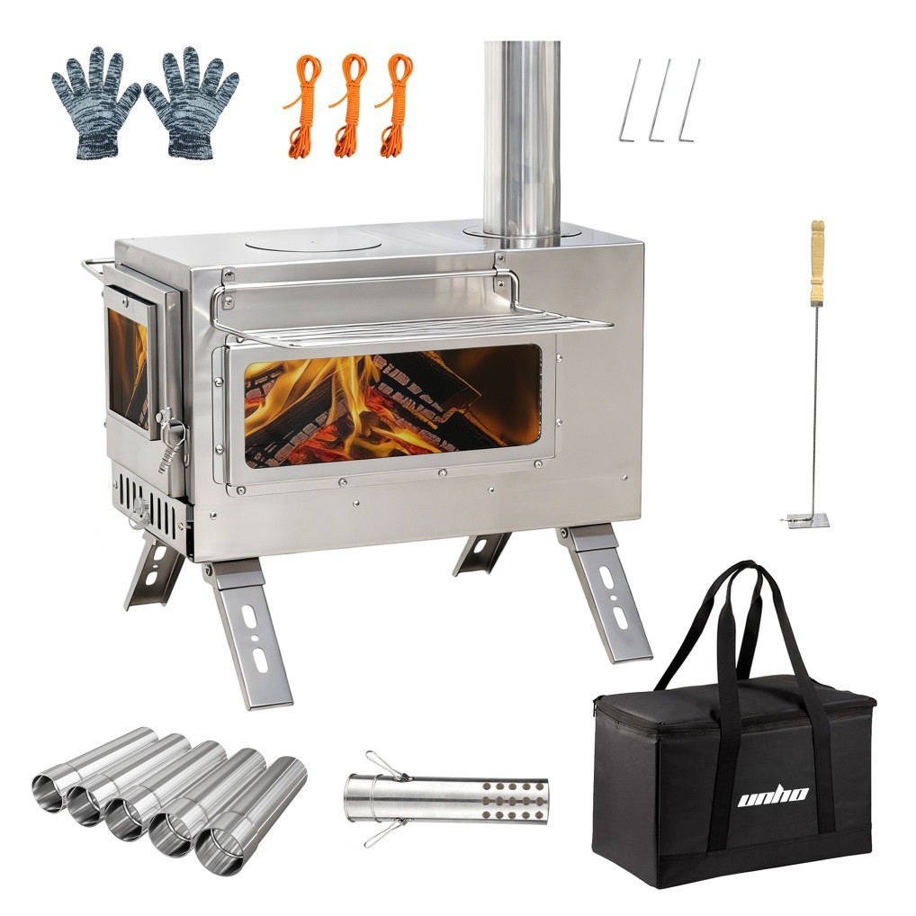 Portable Wood Burning Stove with 6 Stainless Chimney Pipes for Outdoor Hot Tent