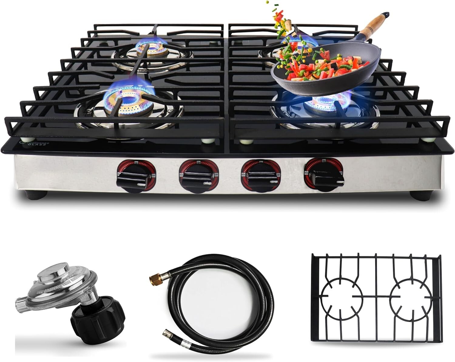 Gas Stove Top -25″ – 4 Burner With Hose & Regulator to Connect propane cooktop