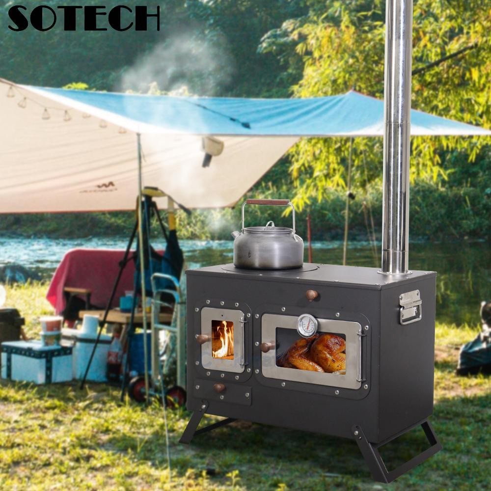 SOTECH Large Black Portable Camping Stove w/ Oven & Chimney for Hot Tent Outdoor
