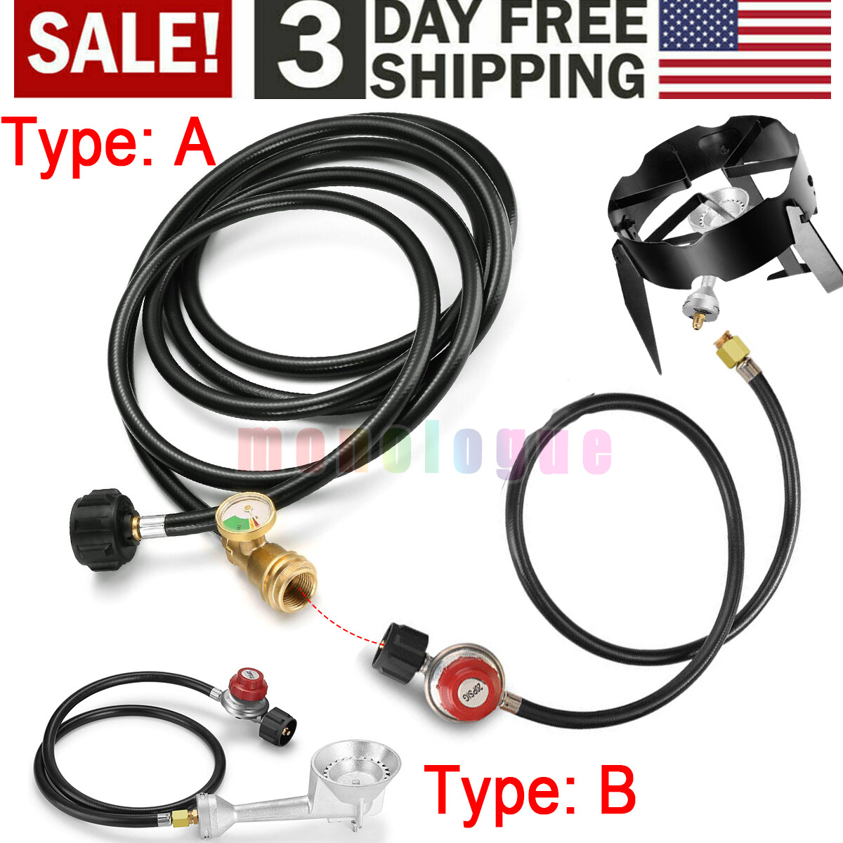 Propane Cast-Iron Round Burner 4FT 20 PSI High Pressure Regulator Hose Fitting