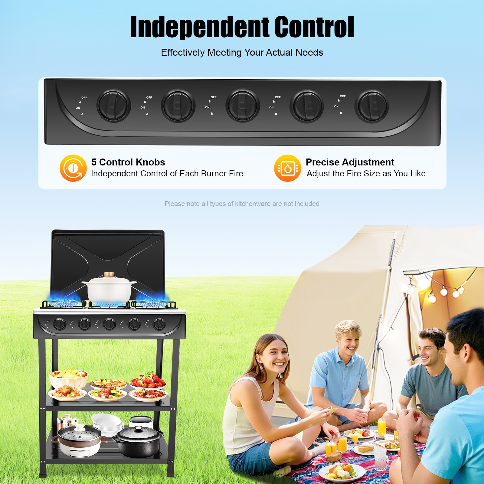 Outdoor Cooking Natural Gas Stove 5-Burners W/ Storage Rack For Camping/Kitchen