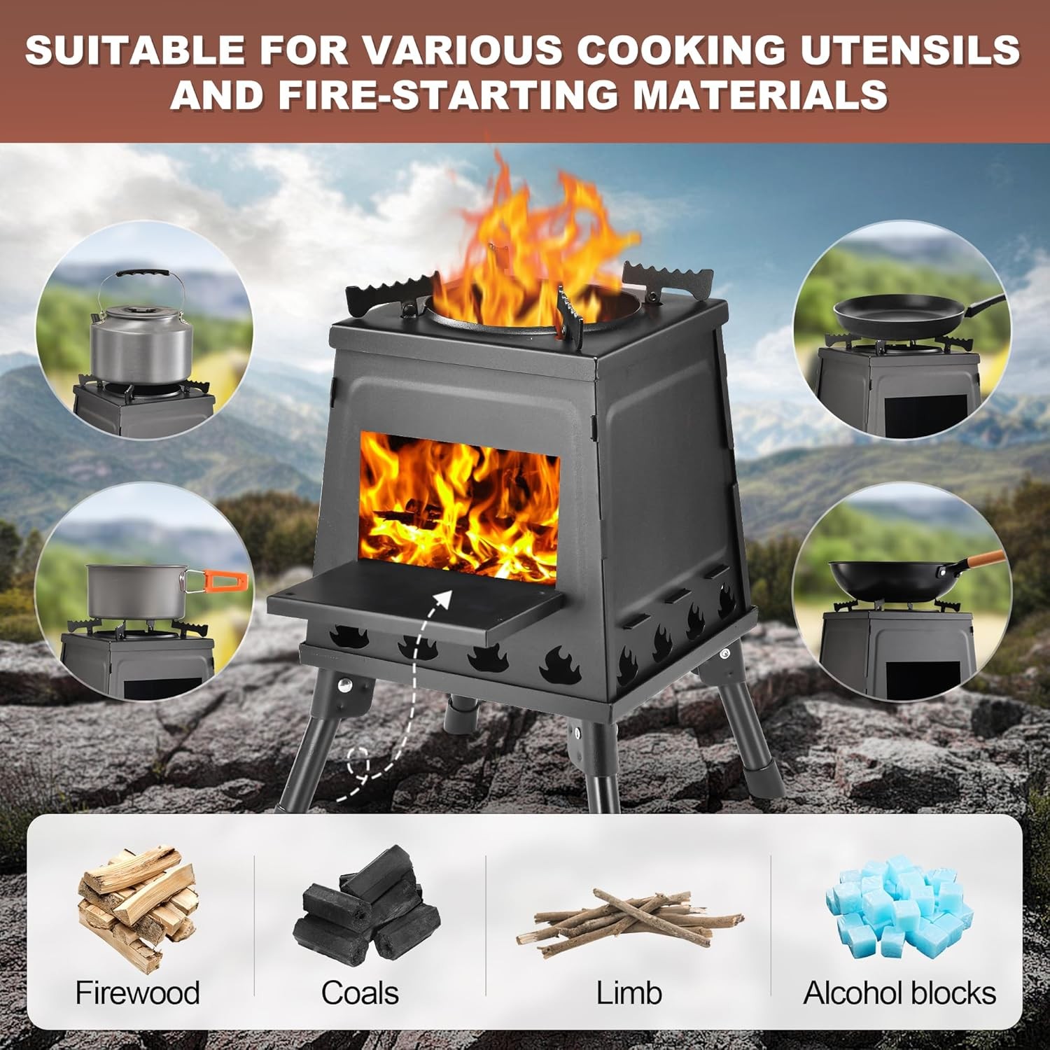 Wood Burning Camping Stove Portable Cast Iron Camping Wood Stove Oudoor Cooking