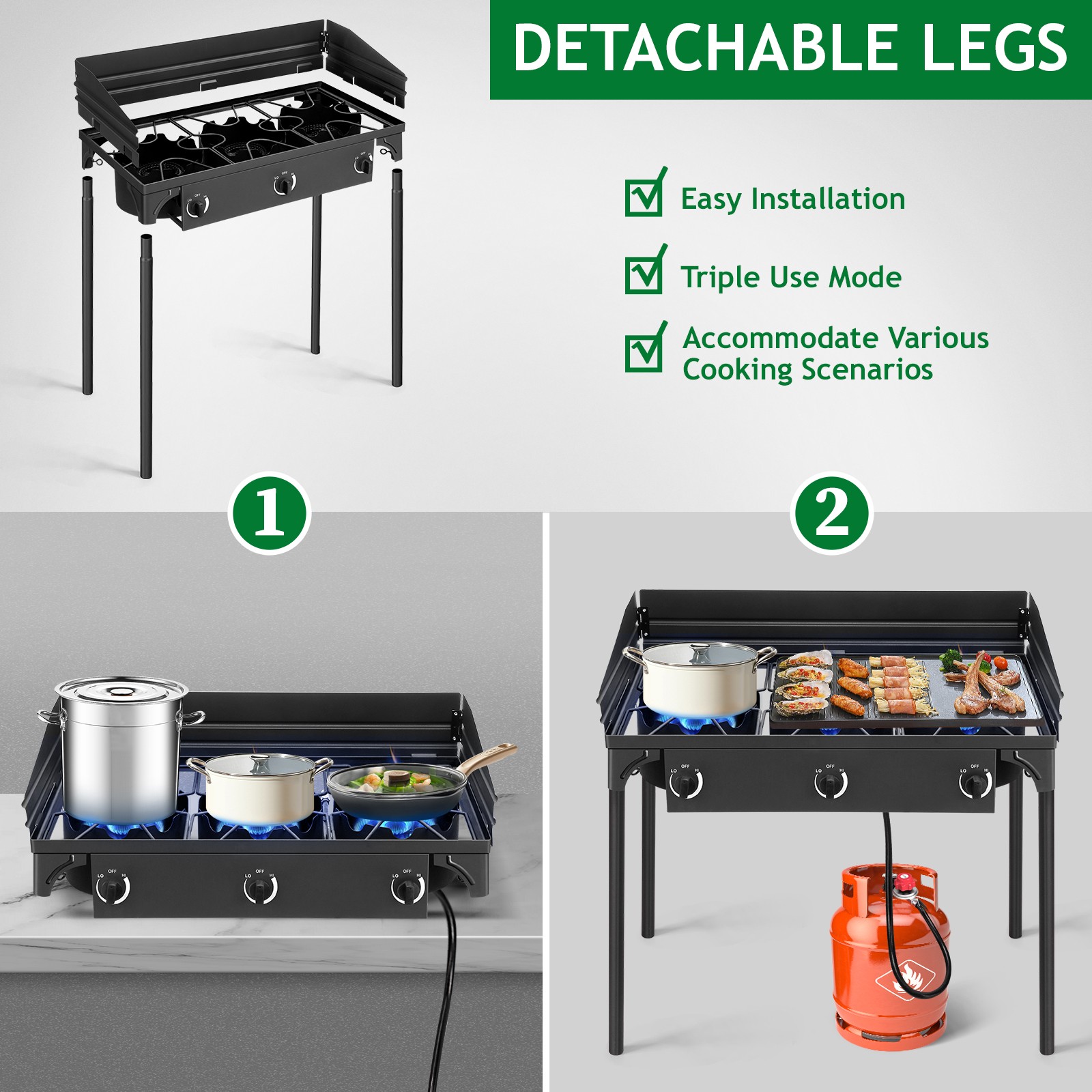 Portable 225,000 BTU Powerful 0-20 Psi 3Burner Outdoor Camping Gas Propane Stove