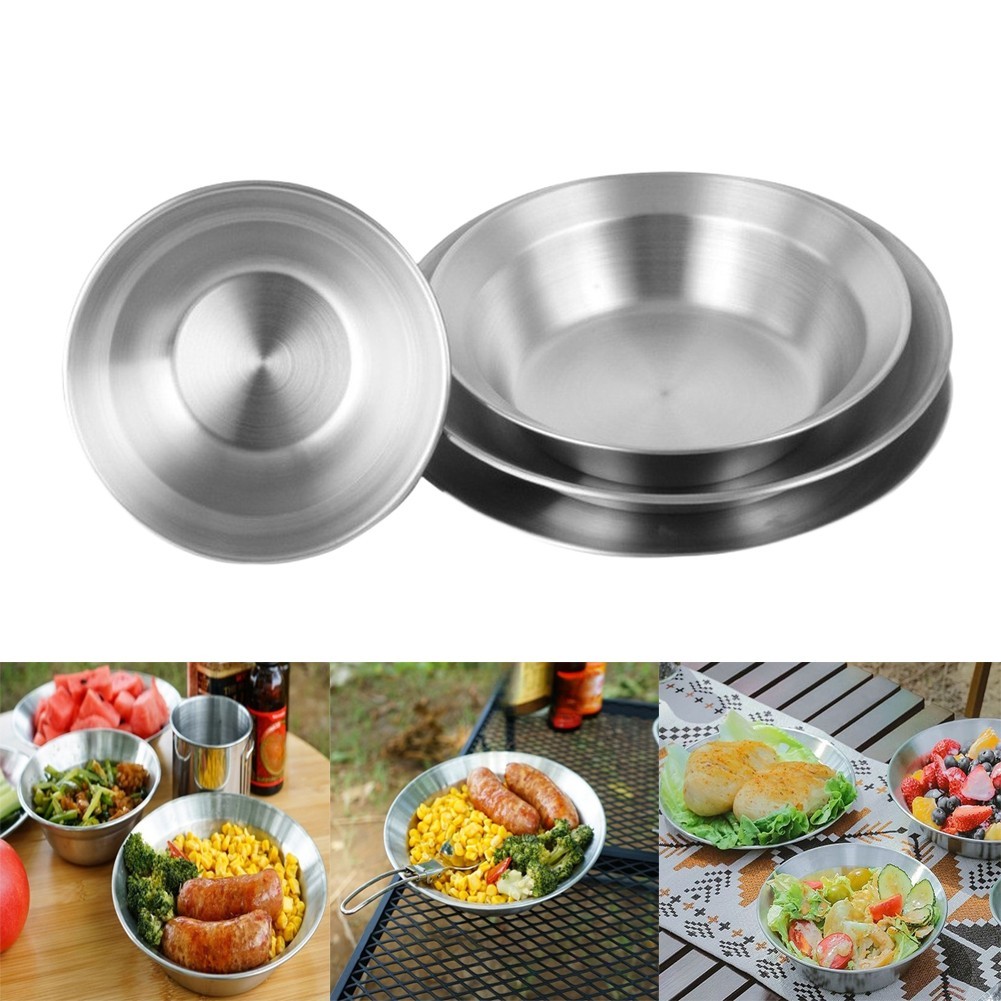 Stainless Steel 4 Piece Plate and Bowl Set Compact Stackable for Camping