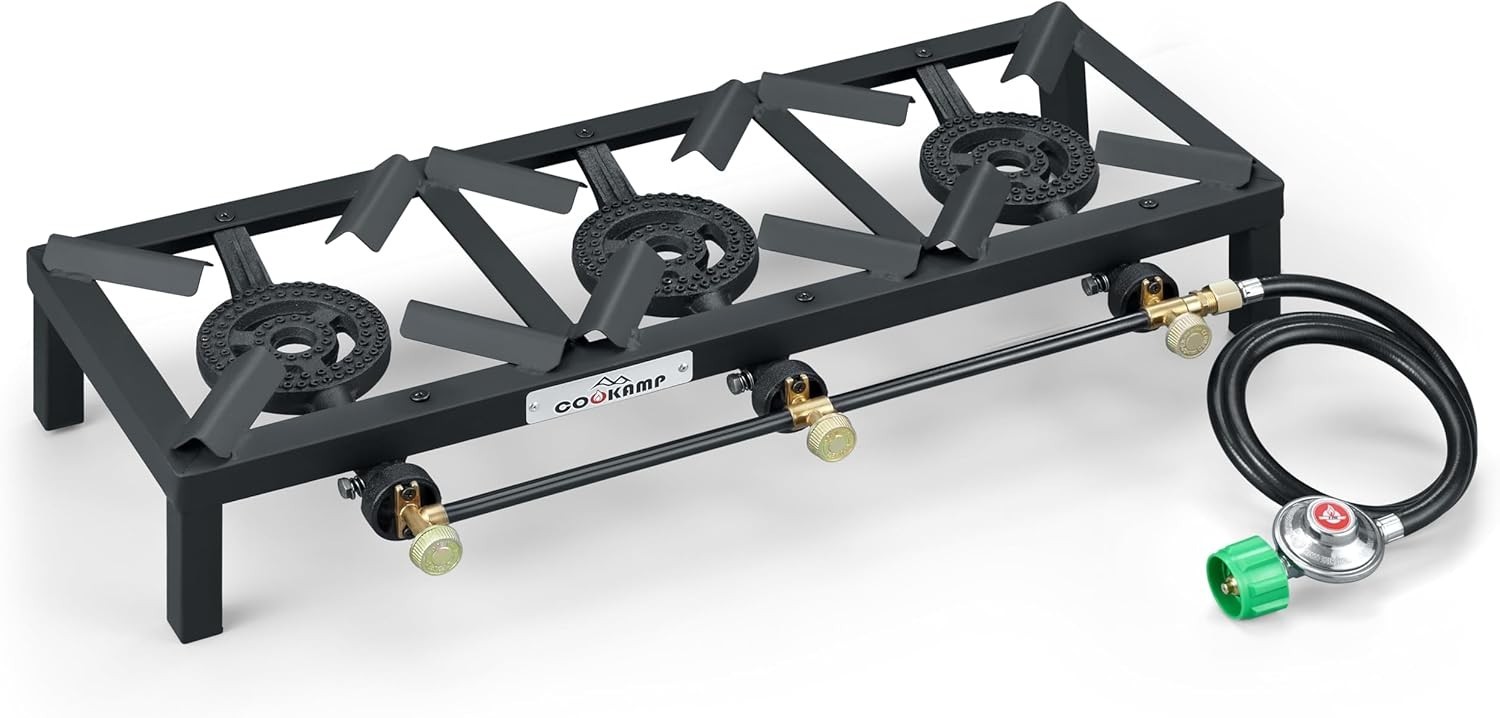 Outdoor Propane Triple Burner Stove Easy Setup with Certified Regulator