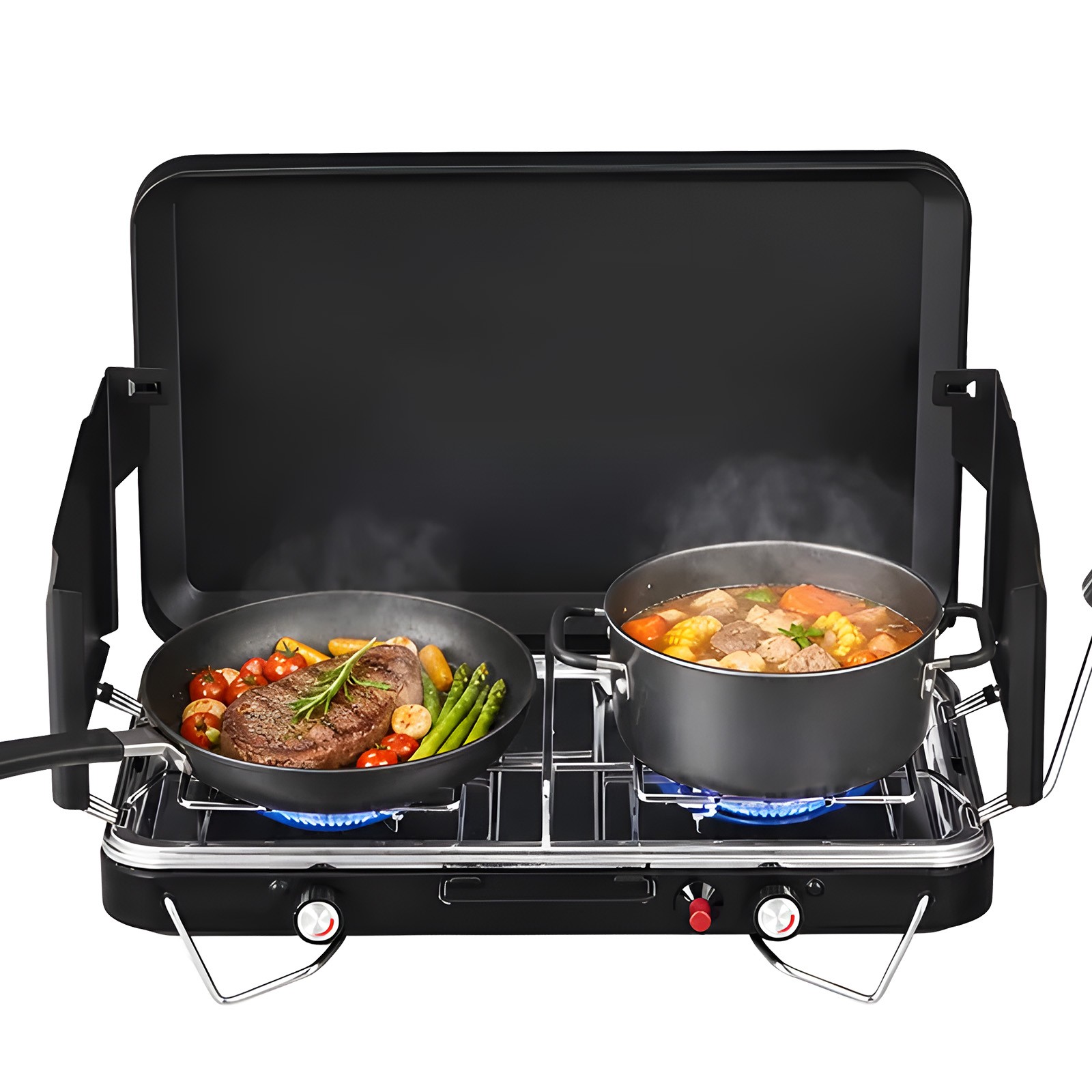 2/3 Burner Portable Camping Stove with Handle, Foldable Wind Panel for Outdoor