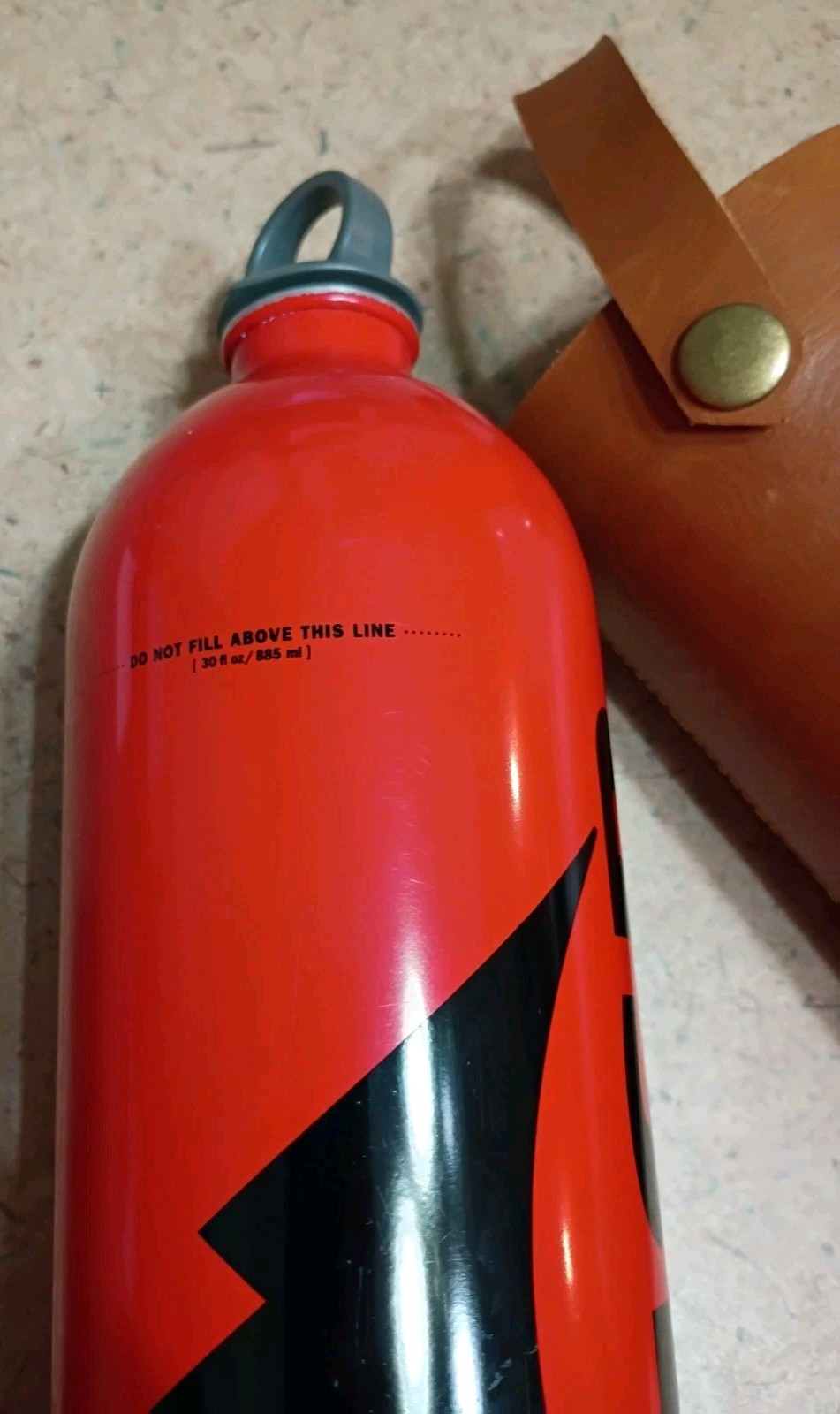 MSR 33oz. Red Aluminum Camping Stove Fuel Bottle w/ Protective Leather Holder