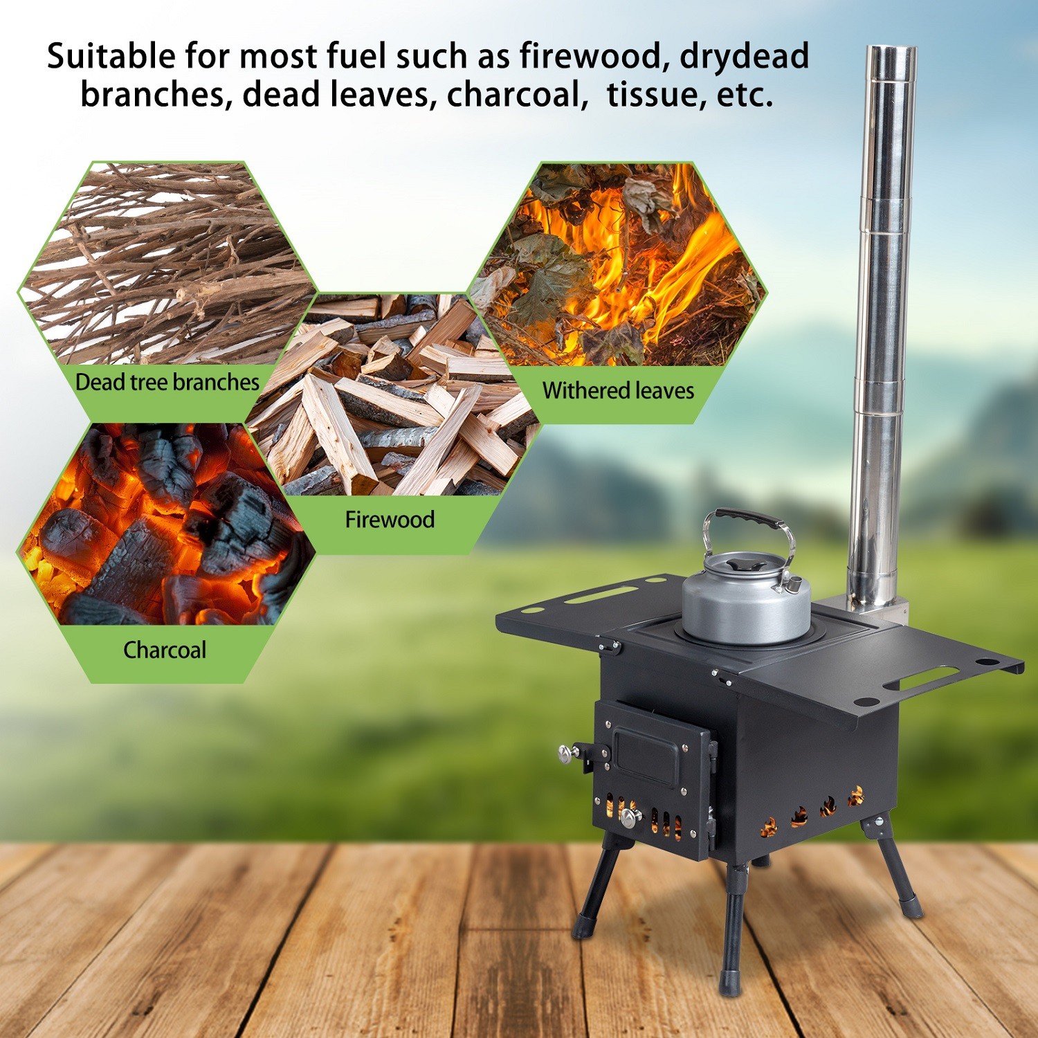 Camping Wood Stove Stainless Steel Camping Tent Stove Burning Stove with 3 Pipes