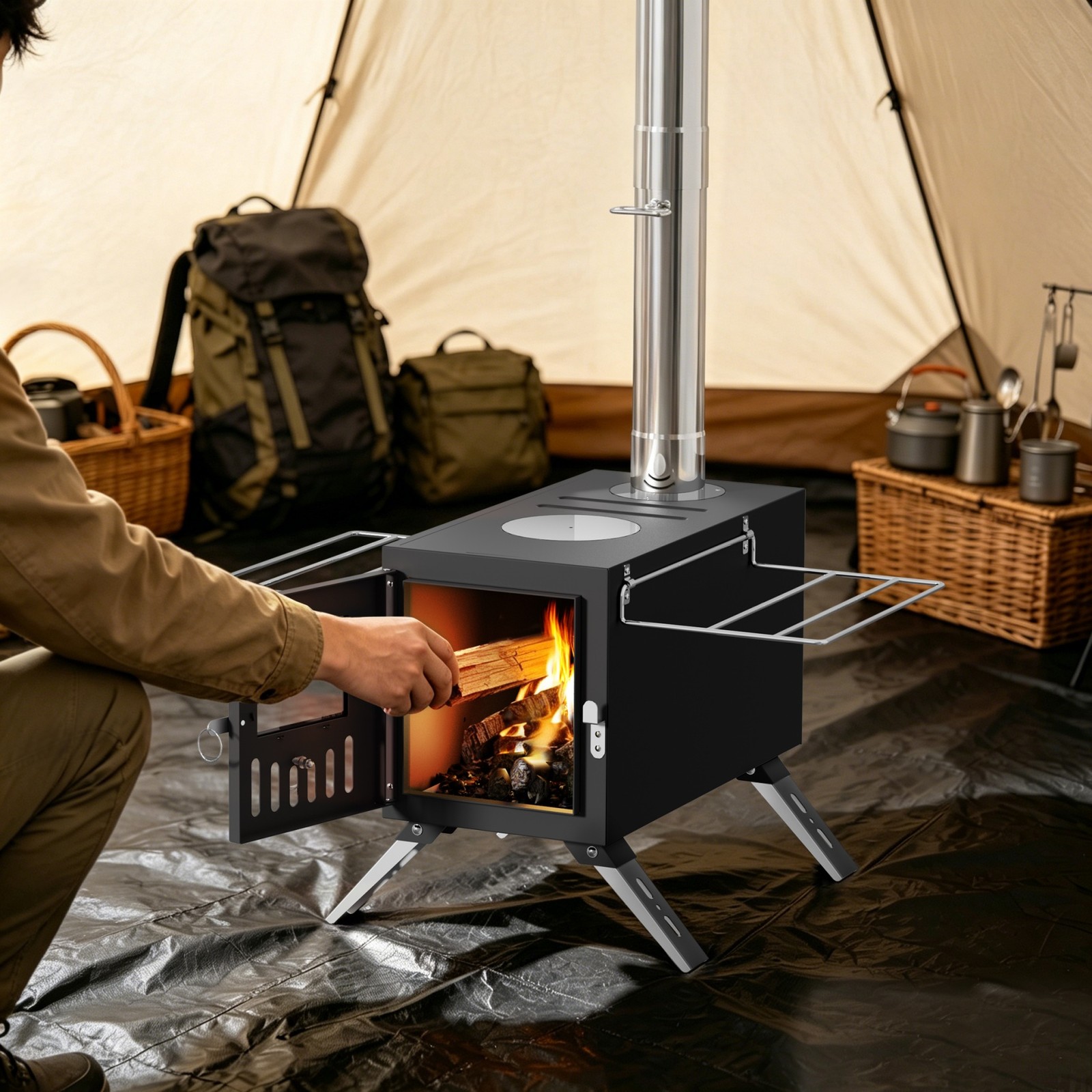 Portable Wood Burning Stove with 6 Chimney Pipes Heavy Duty Hot Tent Heater USA