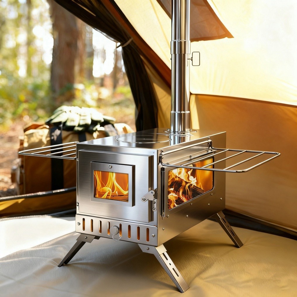 Portable Wood Burning Stove with 6 Stainless Chimney Pipes for Outdoor Hot Tent