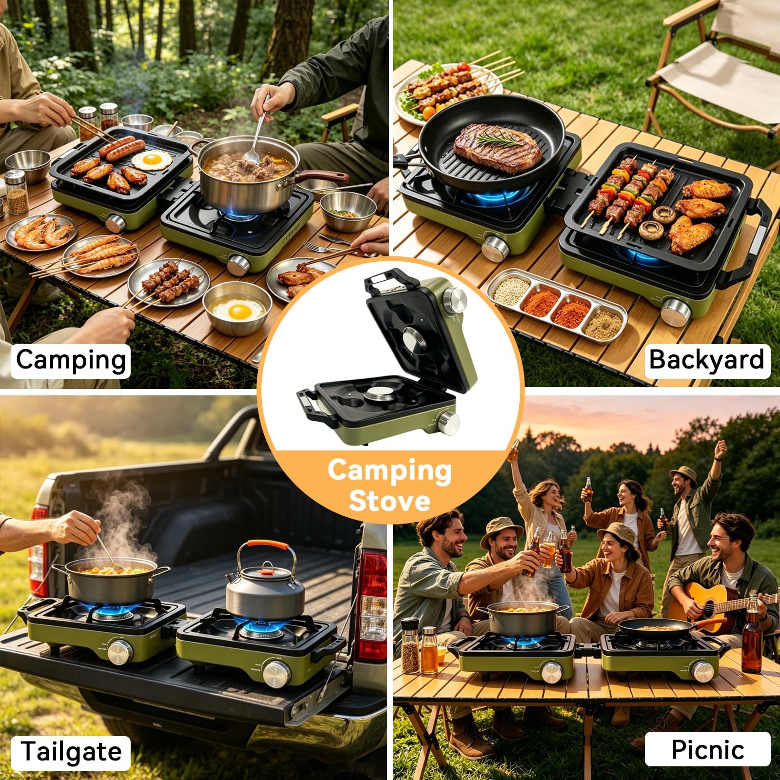 2 Burner Camping Stove with 2-In-1 Cookware Set, 24000 BTU Propane Gas Stove,…