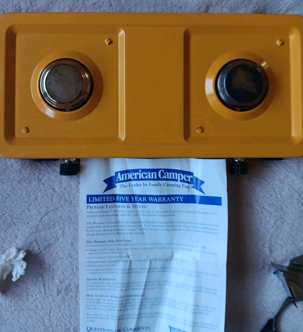 Vintage American Camper Low Profile Two Burner Propane Stove 1080B Yellow