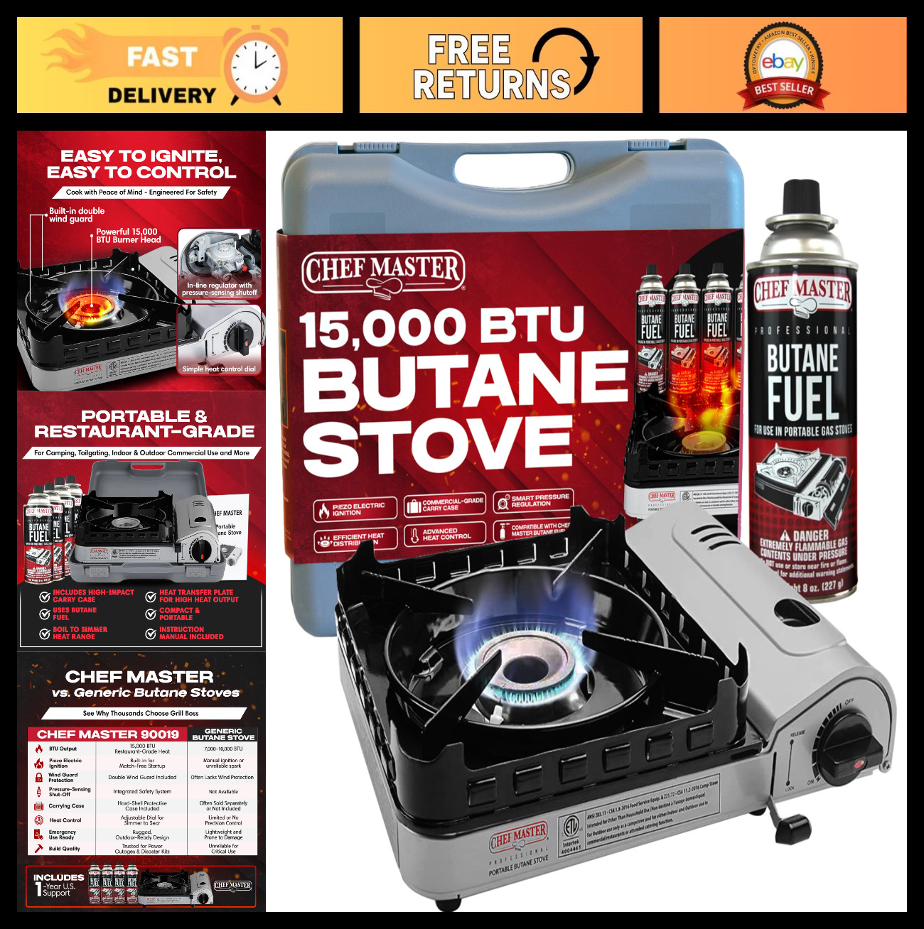 15,000 BTU Butane Portable Camp Stove | Double Wind-Guard Burner for Camping, Hi