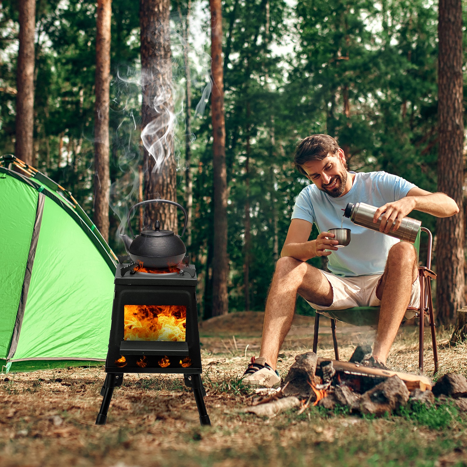 Outdoor Wood Burning Tent Stove, Portable Patio Heater, for Camping With Gloves