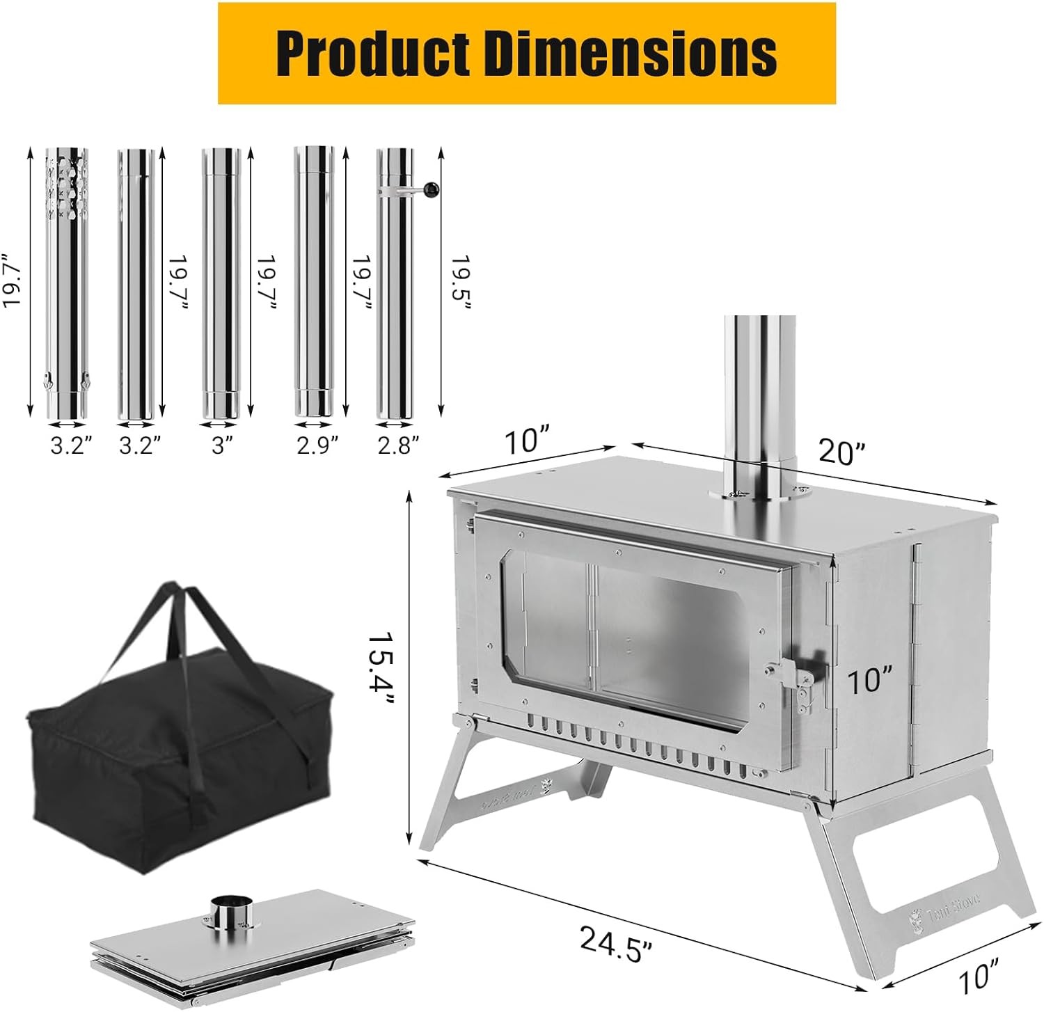 Portable Hot Tent Stove,Stainless Steel Stove with Pipe Bag,Backpacking,Heating
