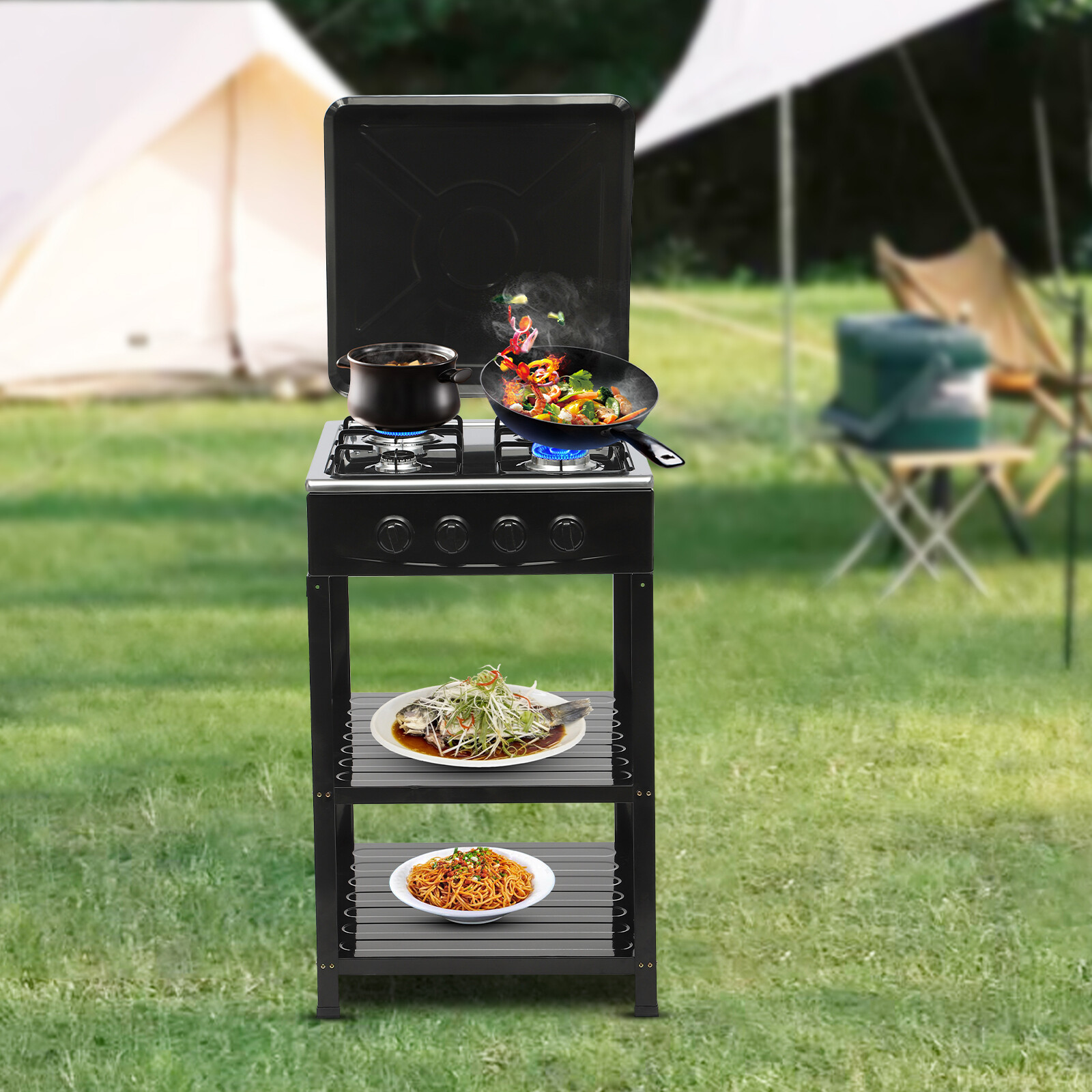 Outdoor 300000 BTU Stove Propane 4 Burner Portable Cooker BBQ Grill Windshelter