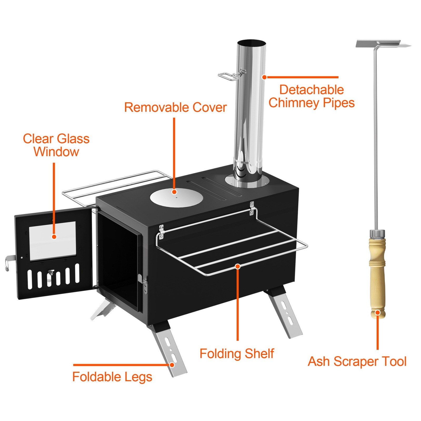 Portable Wood Burning Stove with 6 Chimney Pipes Heavy Duty Hot Tent Heater USA