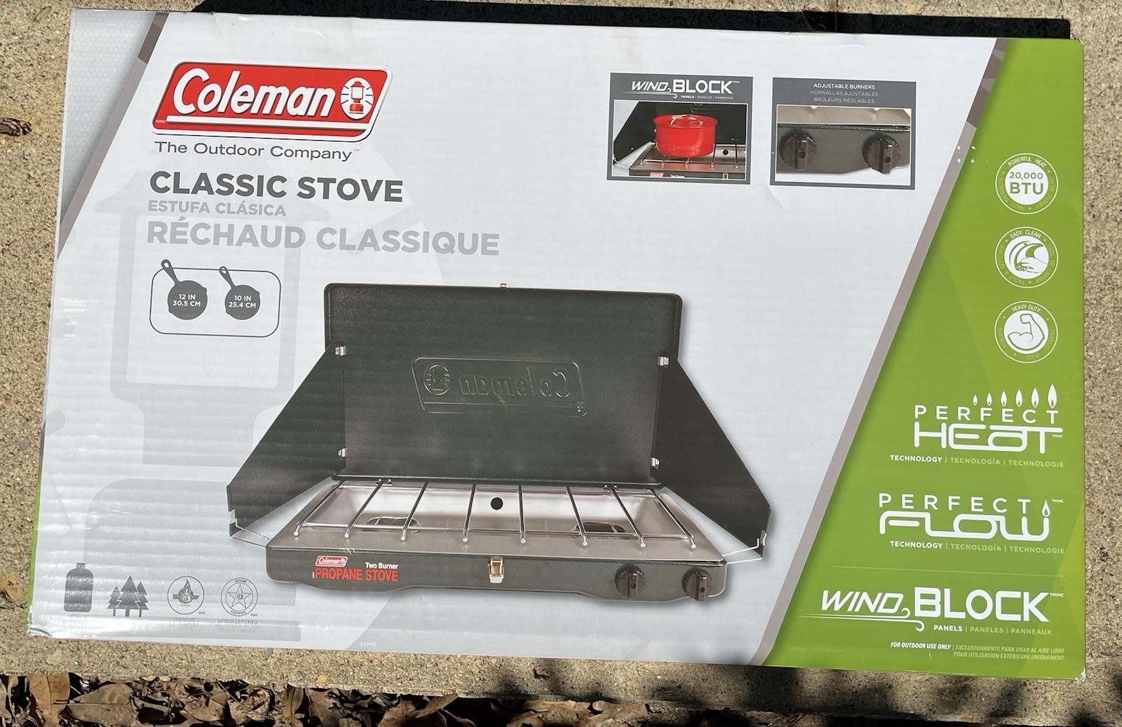 New in Box Coleman Classic 2 Burner 20000 BTU Propane Camp Stove Wind Block NIB