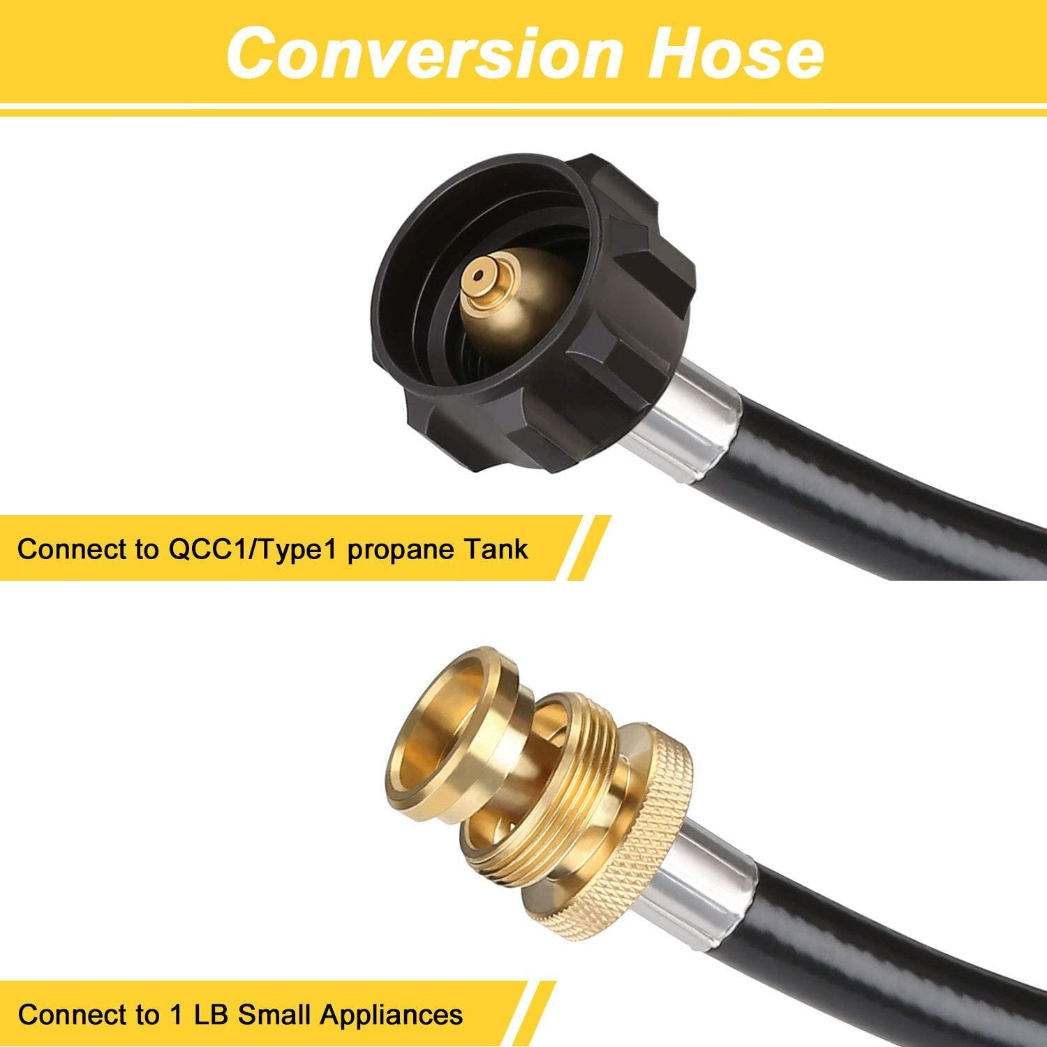 8 FT Propane Hose with QCC1 / Type1 Tank Connects 1lb Appliance to 1-20lb Tank