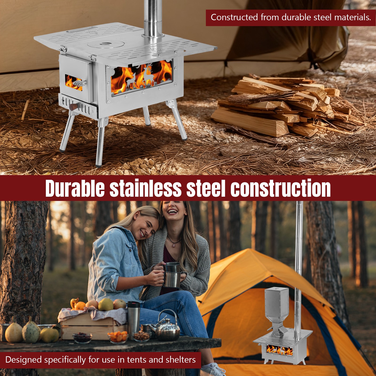 Portable Hot Tent Stove Wood Burning W/ Chimney & View Glass for Camping Outdoor