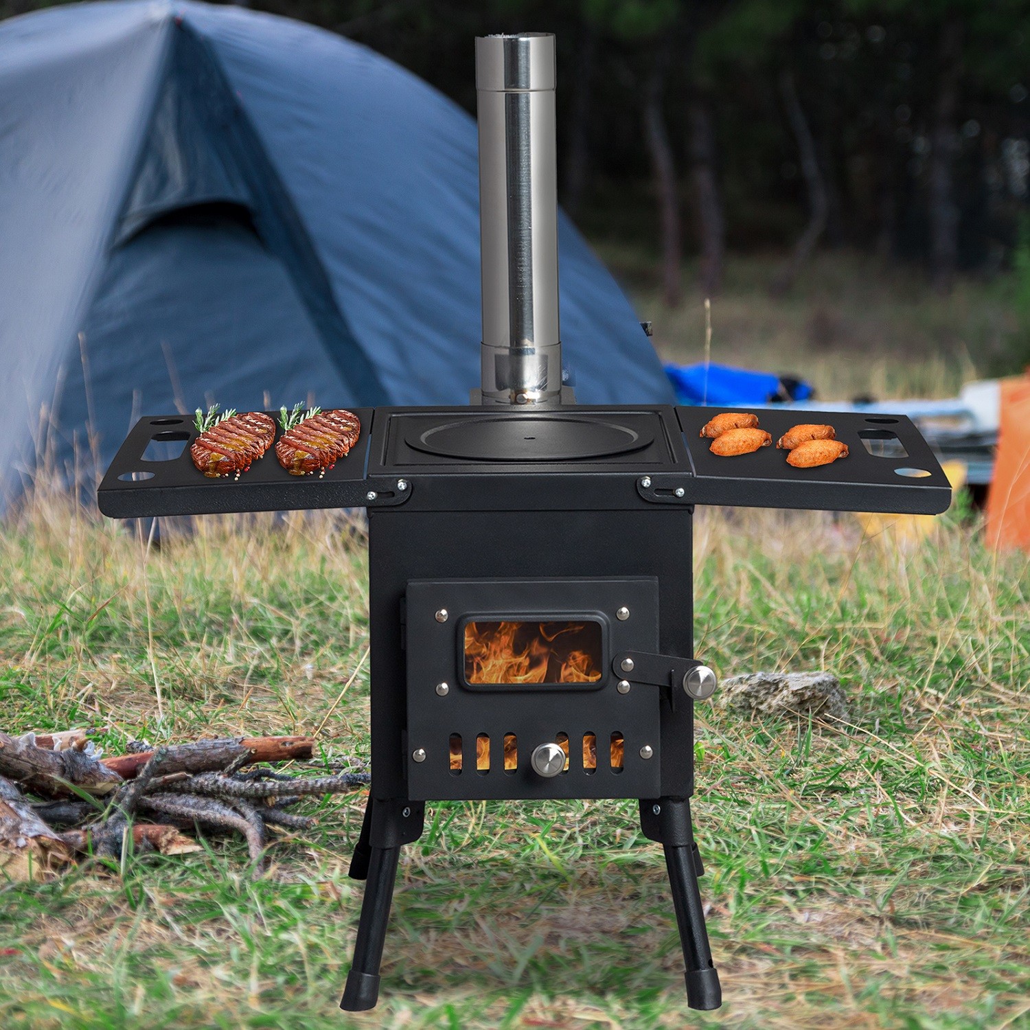 Camping Wood Stove Stainless Steel Camping Tent Stove Burning Stove with 3 Pipes