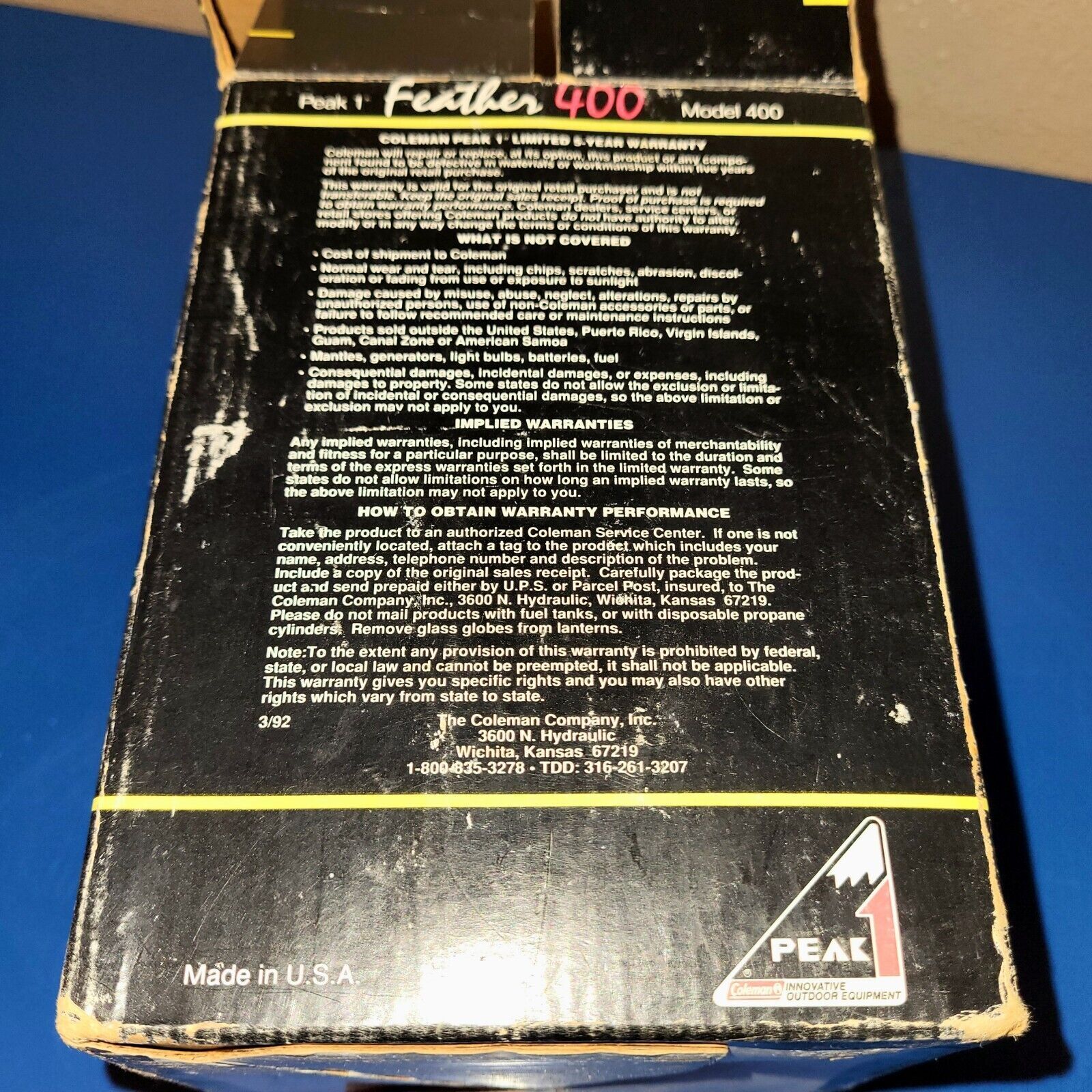 Coleman PEAK 1 Feather 400B Single Burner Camp stove. New Pump Cup, TESTED.8/90