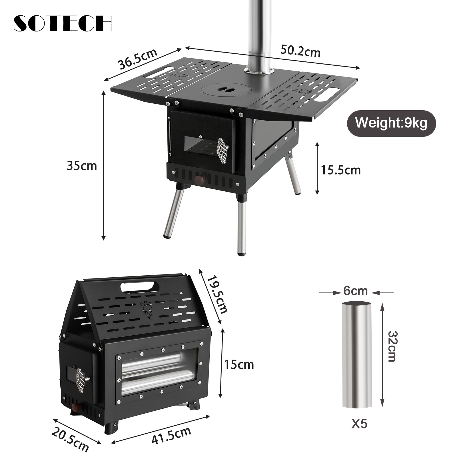 SOTECH Black Wood Stove Portable Camp Fire Heater Grill Camping Hiking Outdoor