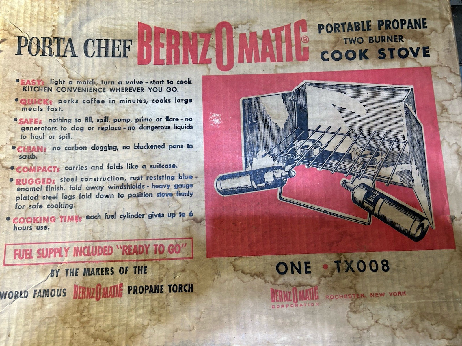 NOS NEW IN BOX Vintage Bernz-O-Matic 2 Burner Propane Stove Porta Chef TX008
