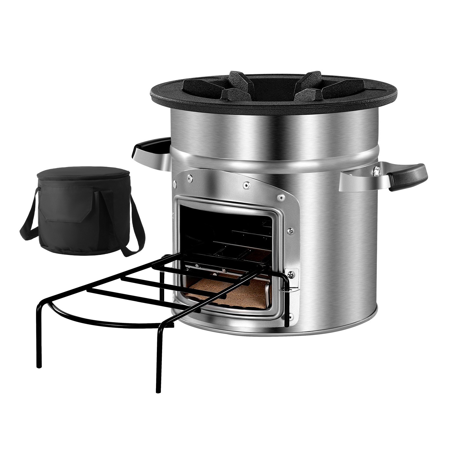 Portable Rocket Stove for Camping, Burns Twigs, Stainless Steel, with Bag