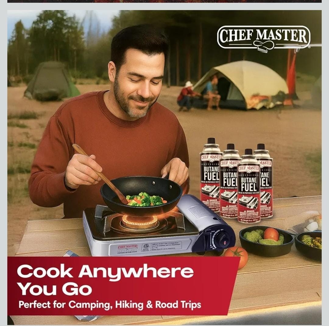 Chef Master Portable 90011 Butane Stove included 4 Fuel Canisters Gas Burner New