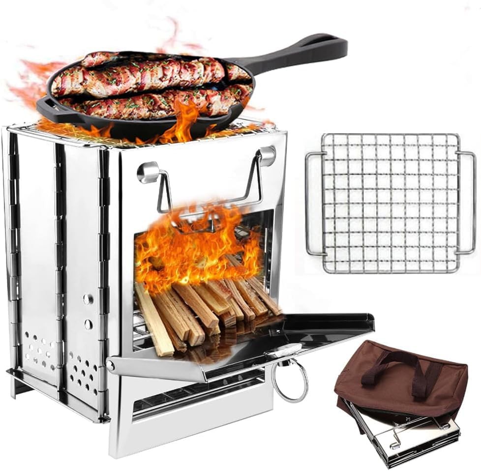 Stainless Steel Collapsible Wood Burning Camping Stove with Grill