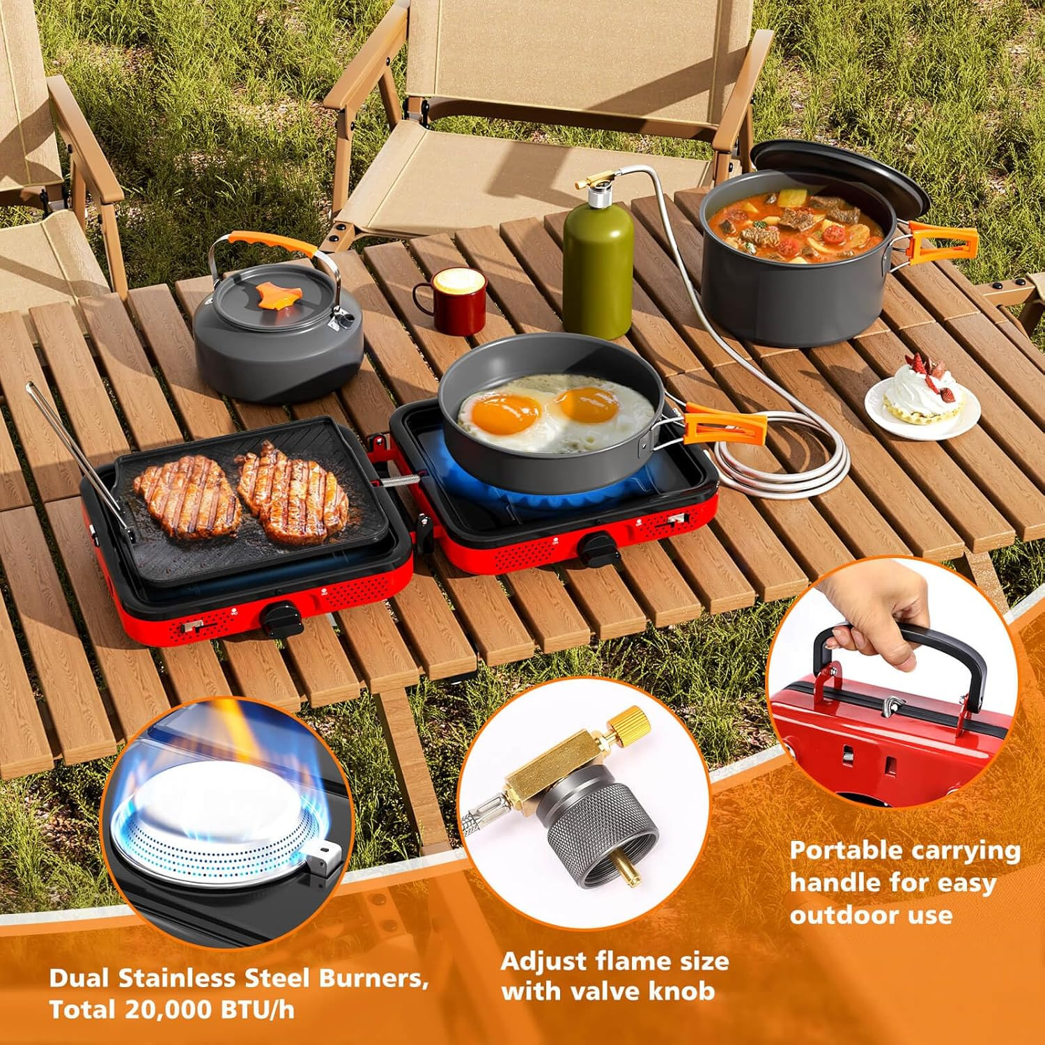 Camping Stove,2 Burner Propane Stove,20000 Btu/H Camping Cooking Set Includes Fr