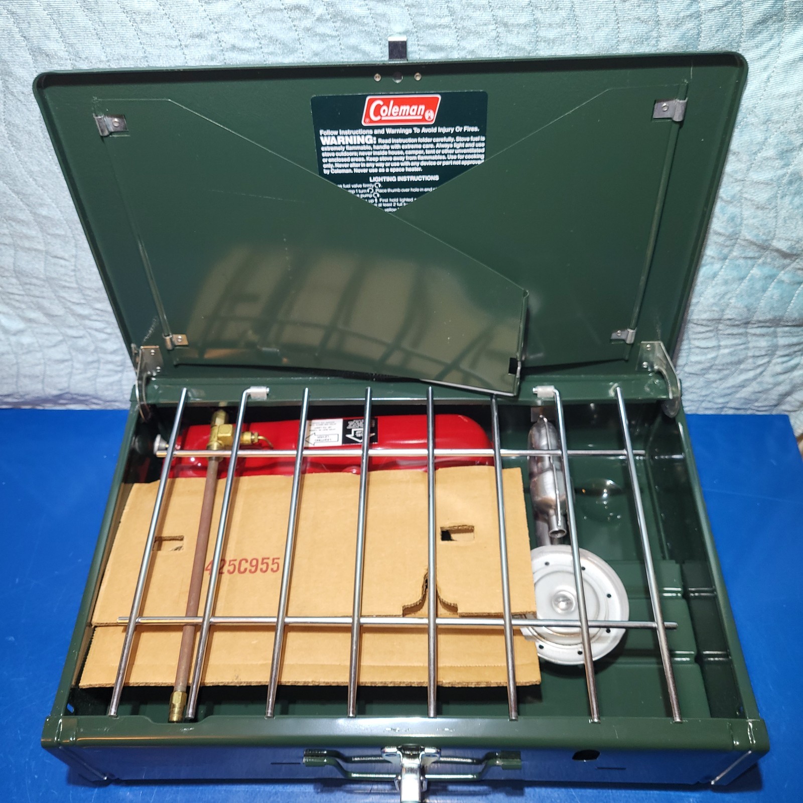 Vintage Coleman 425F499 Two Burner Camp Stove Fuel Gas Red Tank-NEW IN BOX, 8/88