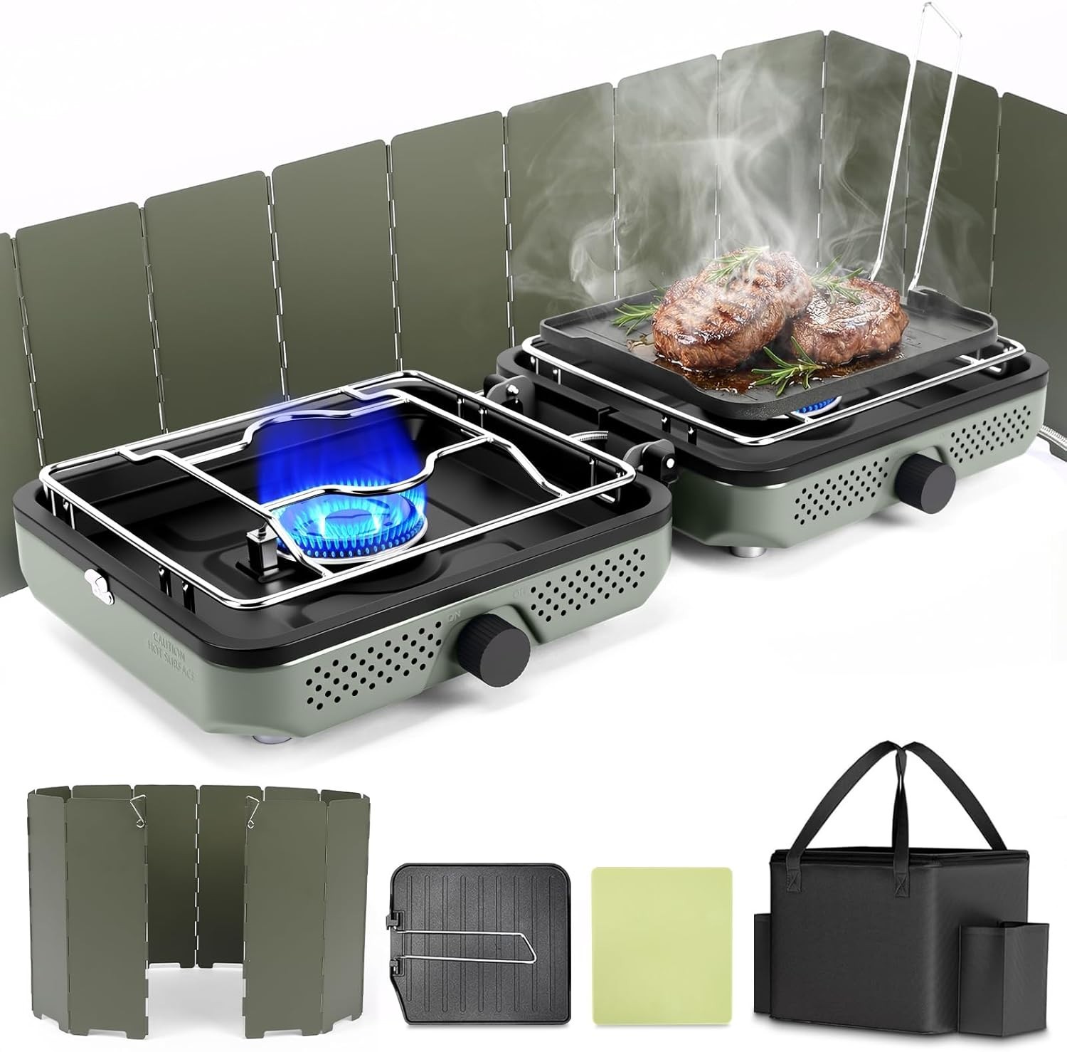 All-in-One Camping Stove Set: 2 Burners, Windscreen, Cutting Board & Grill Plate