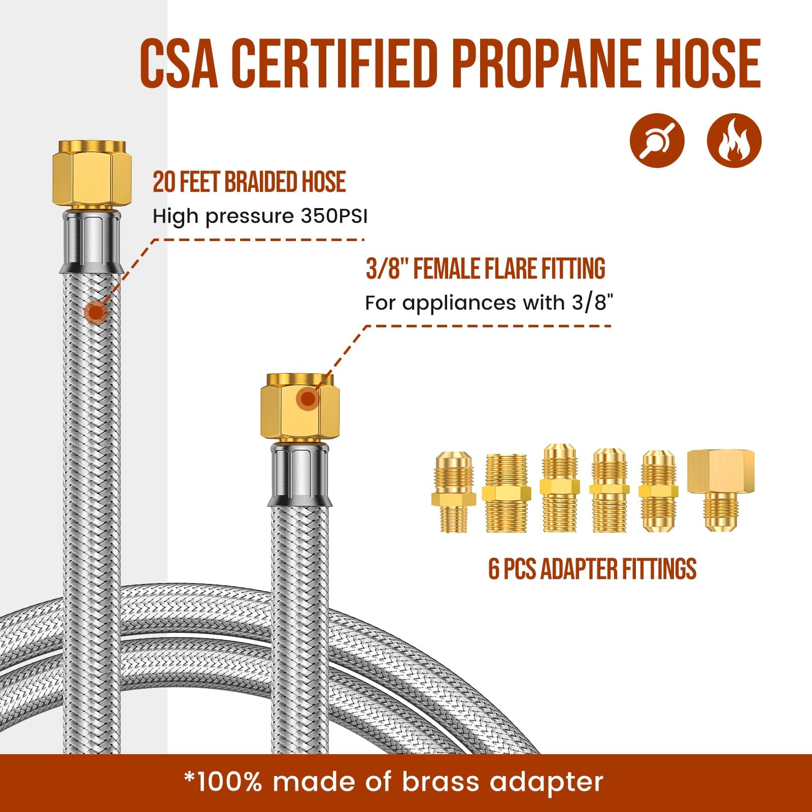 20 FT Stainless High Pressure Propane Hose Extender with 3/8″ 20 Feet, Silver