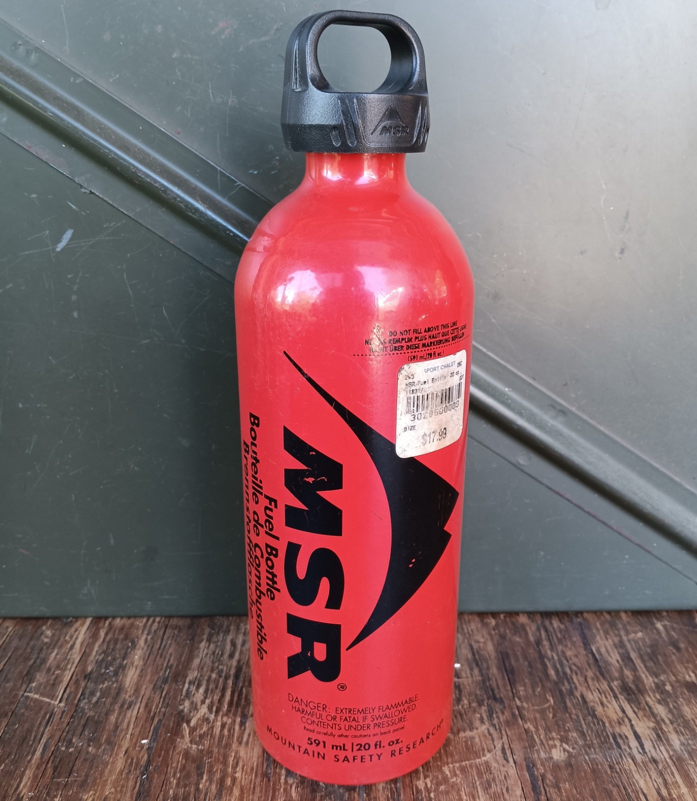 MSR 20 oz Liquid Fuel Bottle Red Aluminum Camping Backpacking Child & Leak Proof