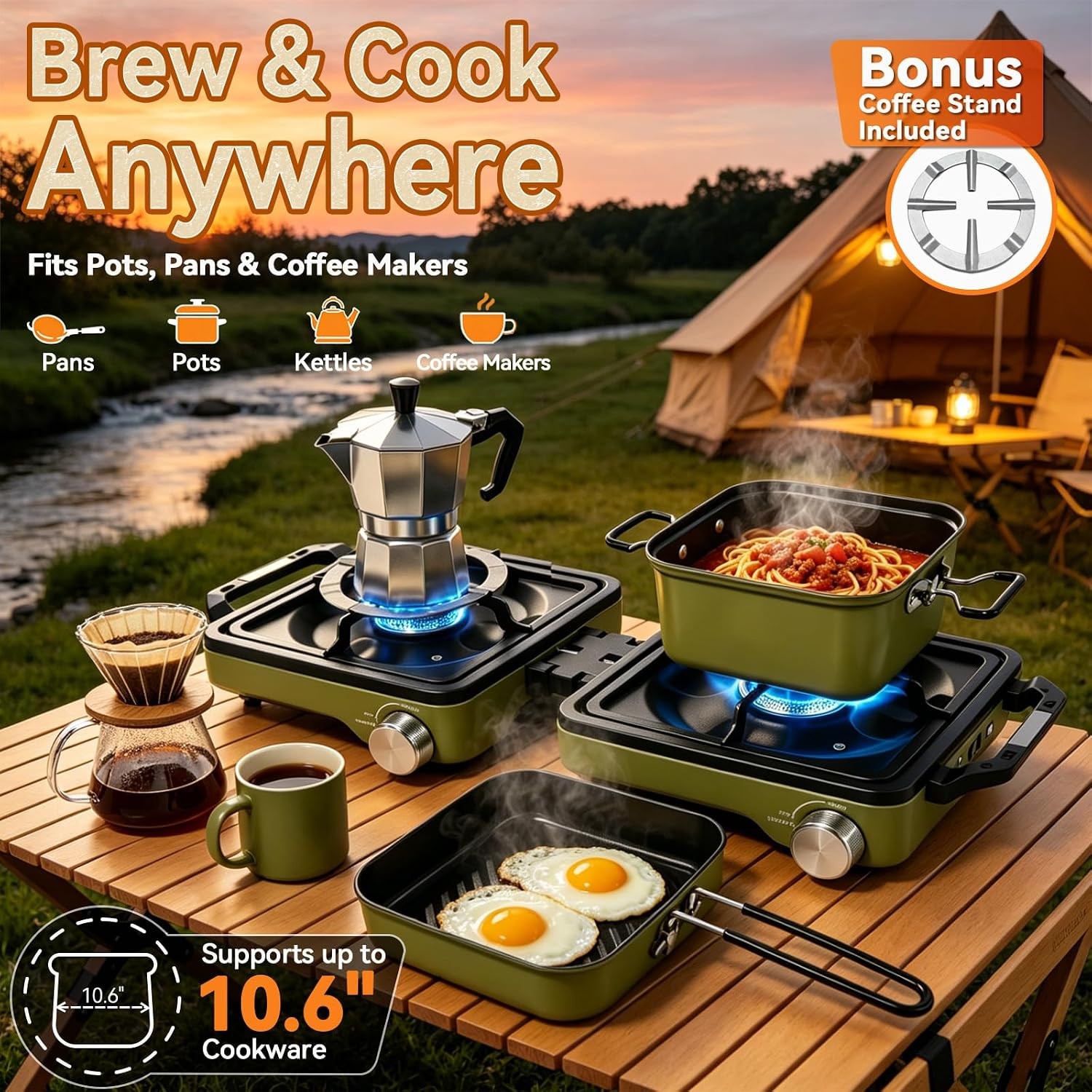 2 Burner Portable Camp Stove 24000 BTU Propane Camping Stove W/ Windshield