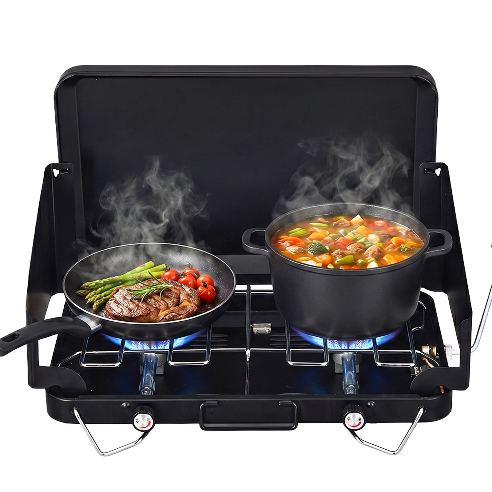 Portable Camping Stove 2/3 Burner w/ Handle, Foldable Wind Panel for In/Outdoor