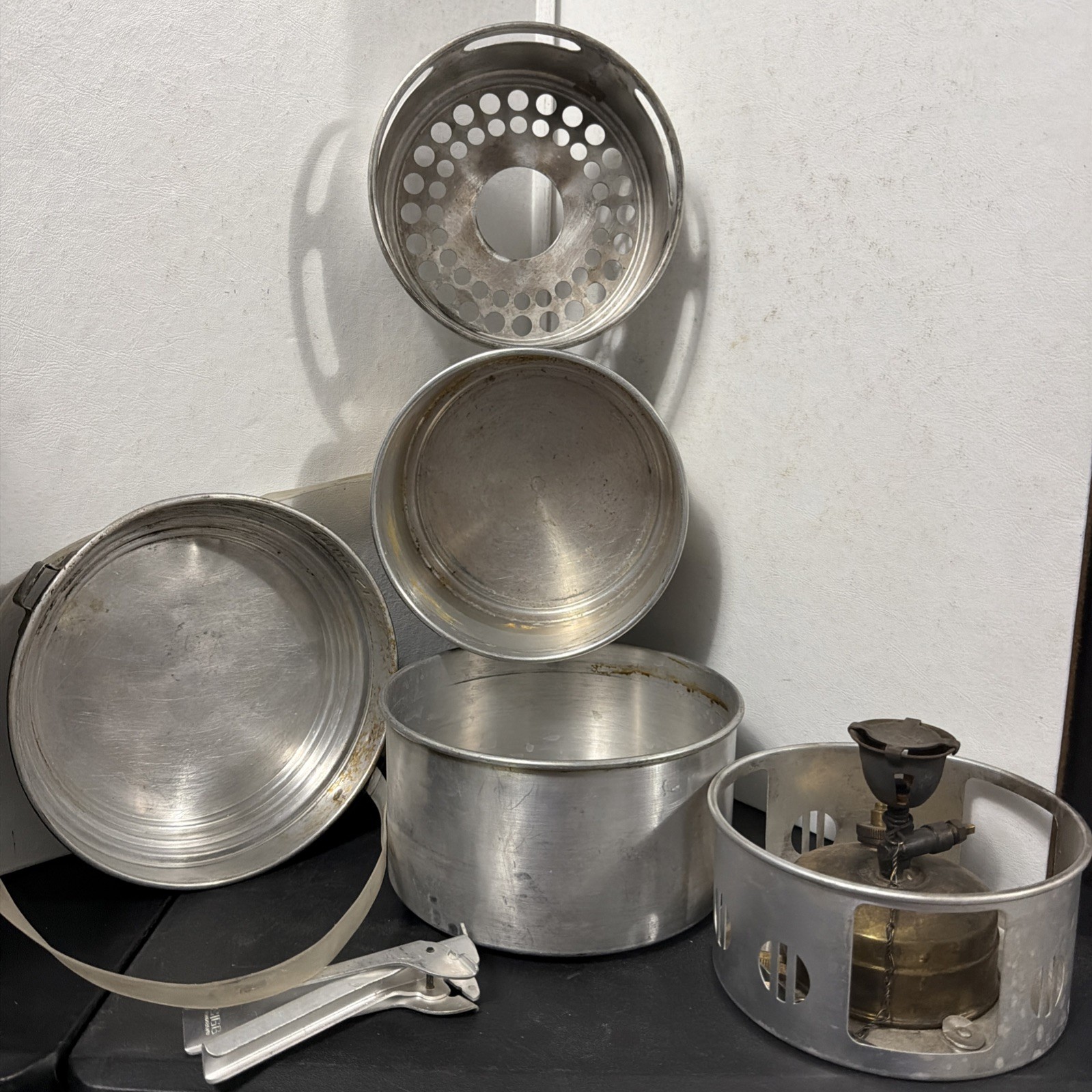 Vintage SIGG Aluminum Camping Cook Set Silver Round Cookware with Stove.