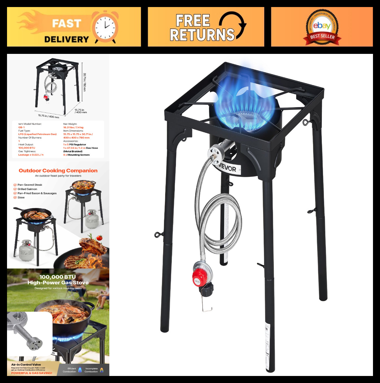 Heavy Duty Outdoor Propane Gas Stove 100,000 BTU, Camping Cooker with Tall Stand