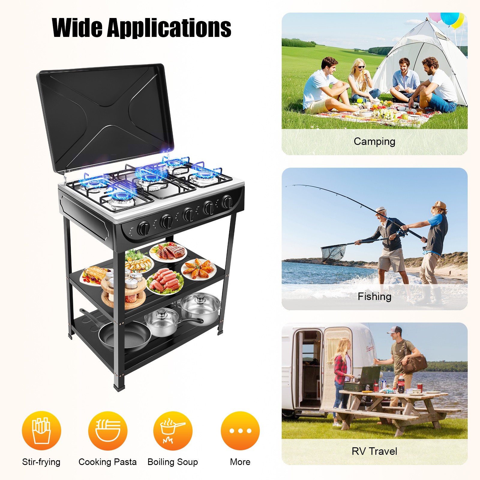 Outdoor Cooking Natural Gas Stove 5-Burners W/ Storage Rack For Camping/Kitchen