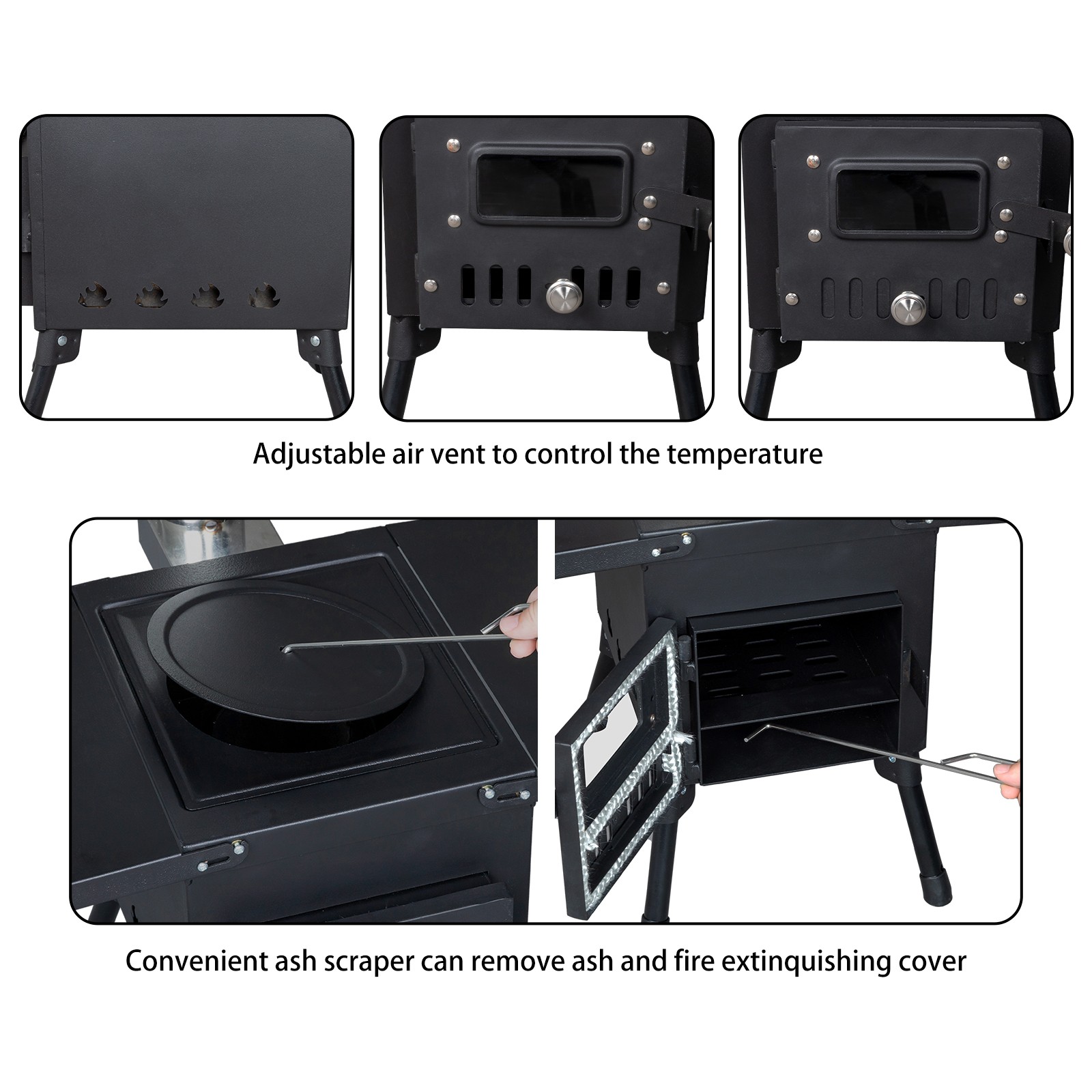 Camping Wood Stove Stainless Steel Camping Tent Stove Burning Stove with 3 Pipes